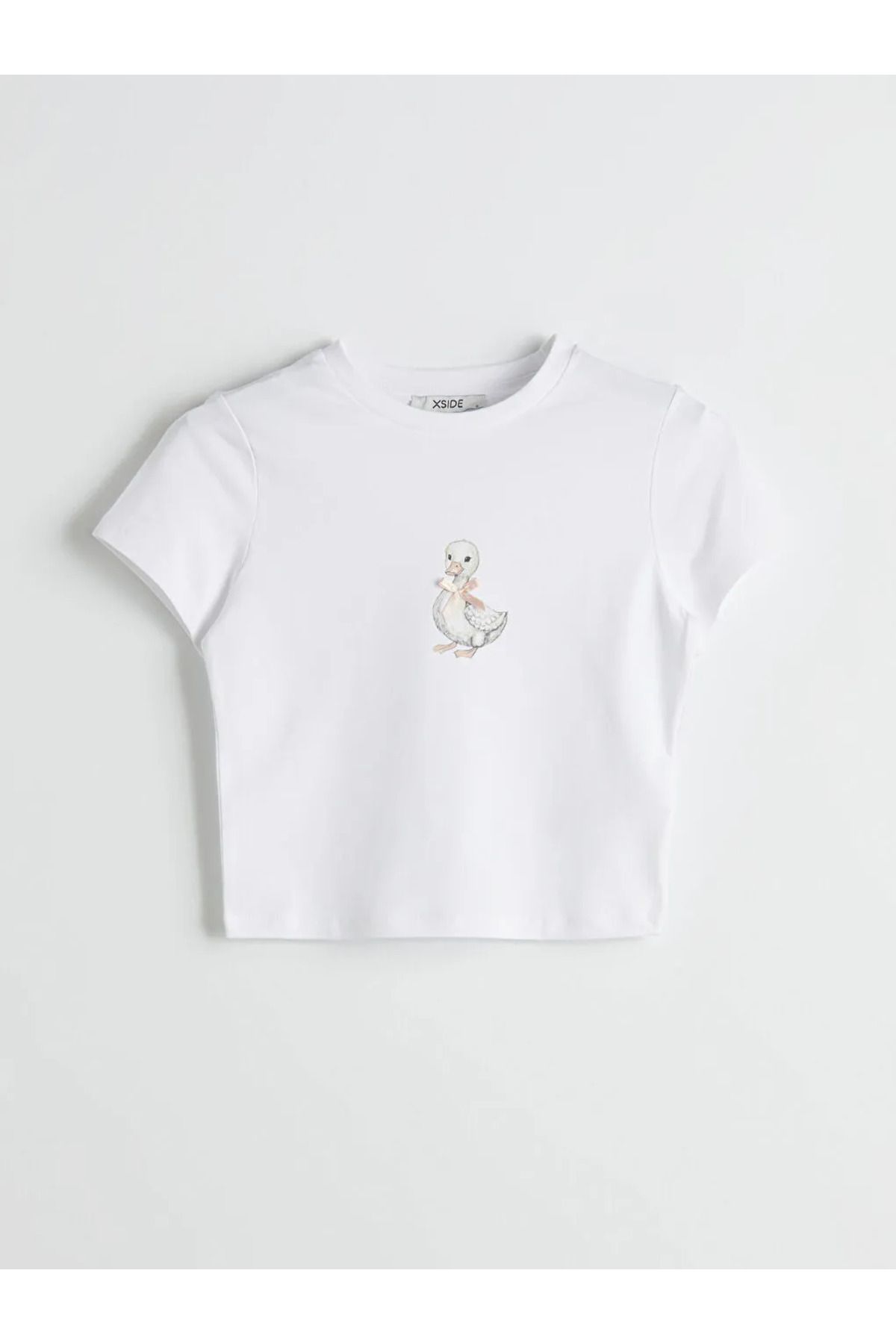 LC Waikiki XSIDE Beyaz Bisiklet Yaka Ördek Baskılı Kadın Crop