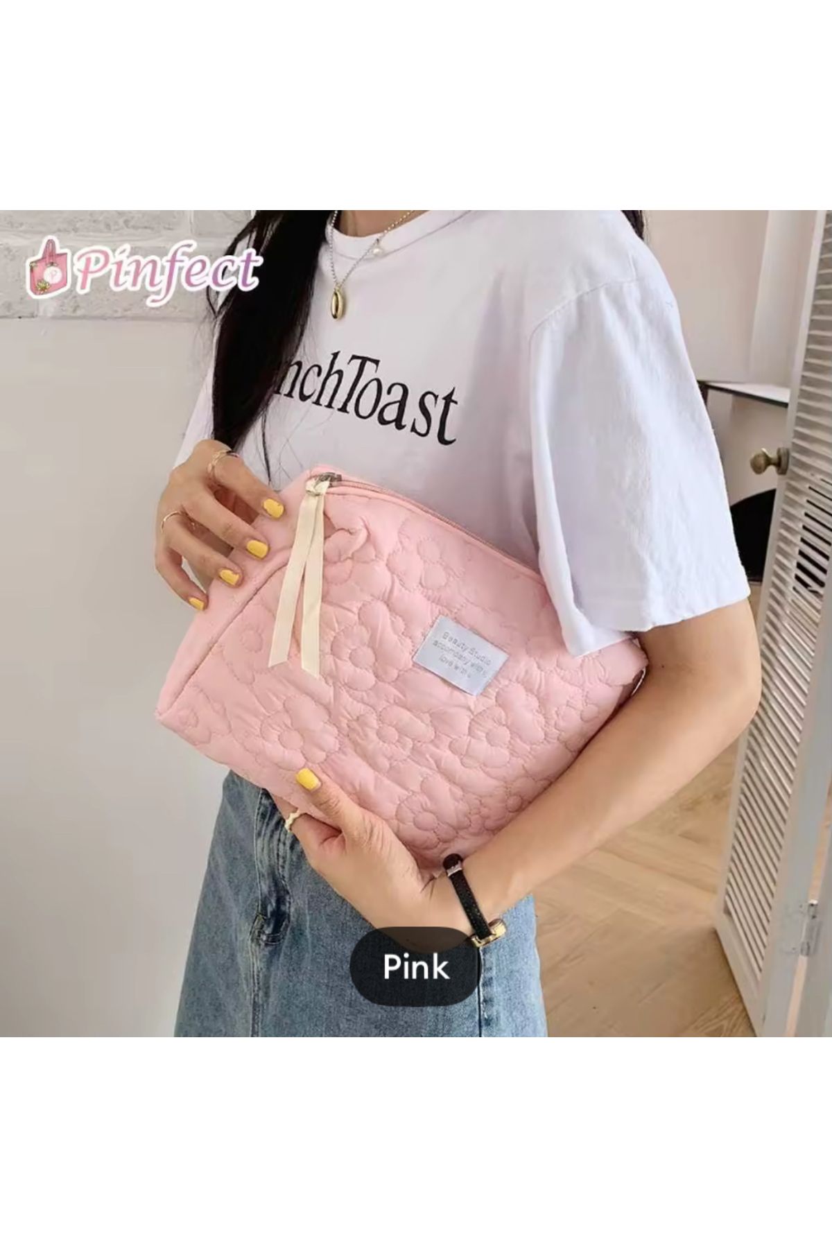 synshop Pembe Kadın El Portföy Çanta Çiçekli Yumuşak Fermuarlı
