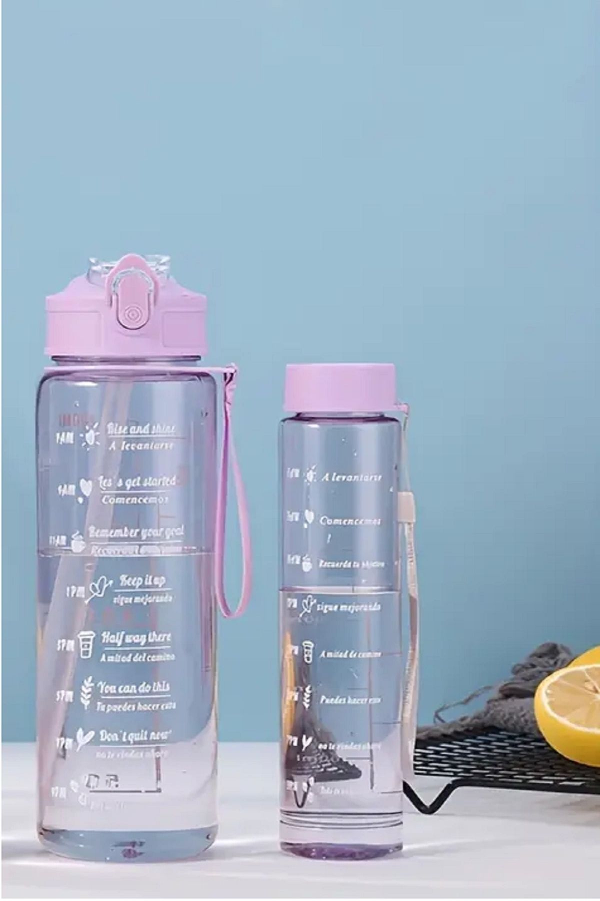 Berdina Home 2'li Motivasyonel Su Matarası Tritan Sporcu Su Şişesi Suluk Stickerlı Pipetli Suluk 900+500ml