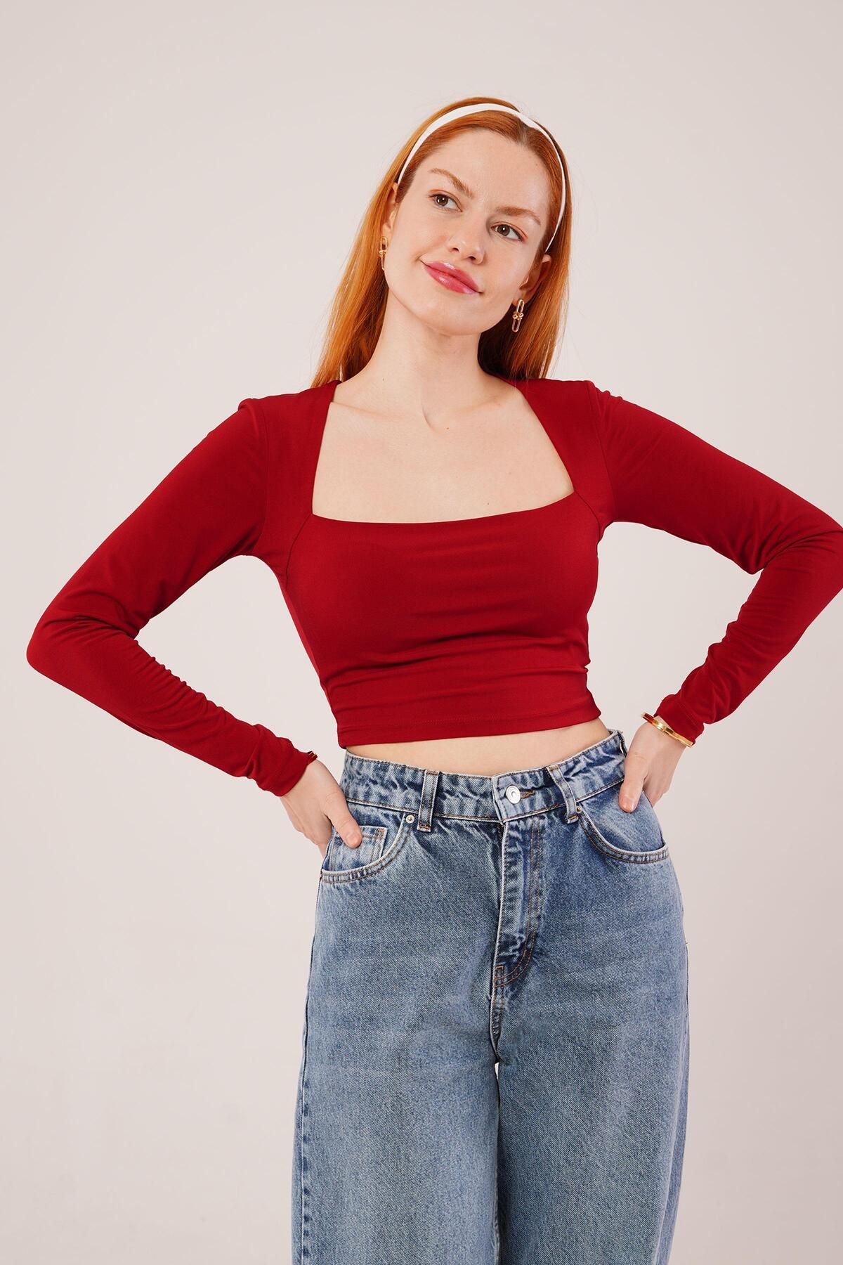 ARUZ MODA Kare Yaka Basic Bordo Bluz