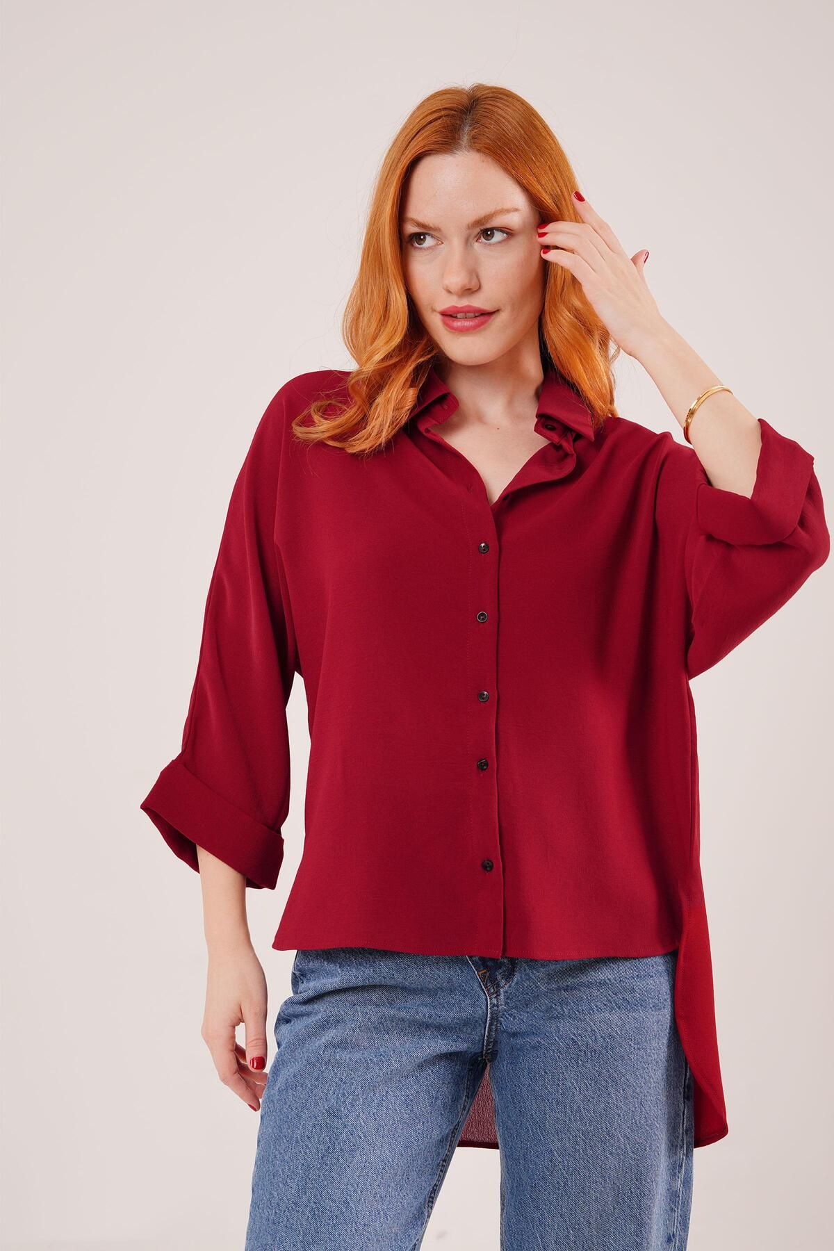 ARUZ MODA Yarasa Kol Rahat Kalıp Bordo Gömlek