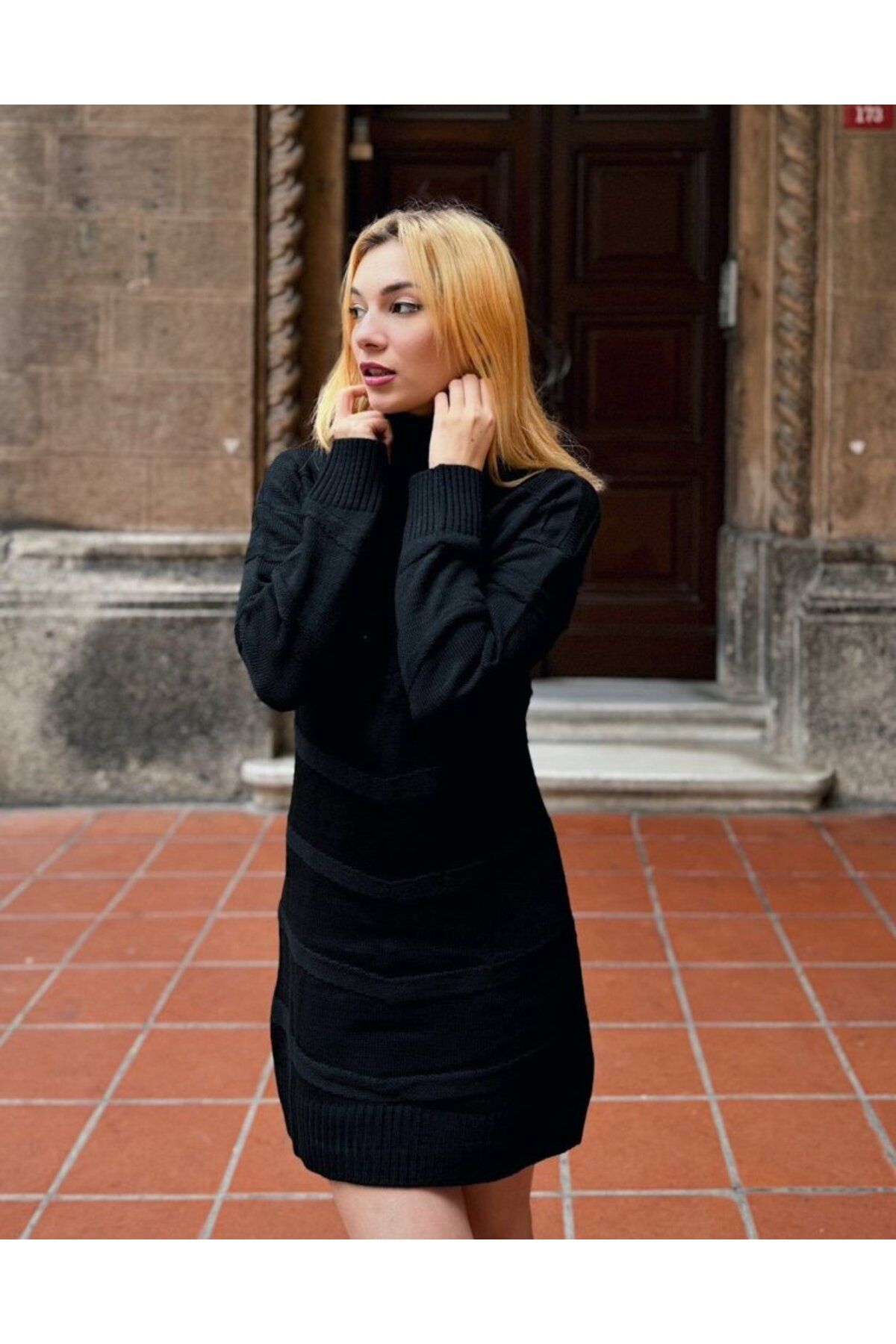 ARUZ MODA Kadın Uzun Kollu Balıkçı Yaka Triko Mini Boy Elbise