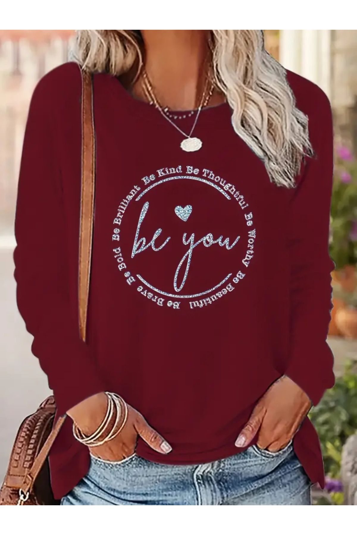 ARUZ MODA Kadın Uzun Kollu Bisiklet Yakabe Youdesenli Viskon Bluz