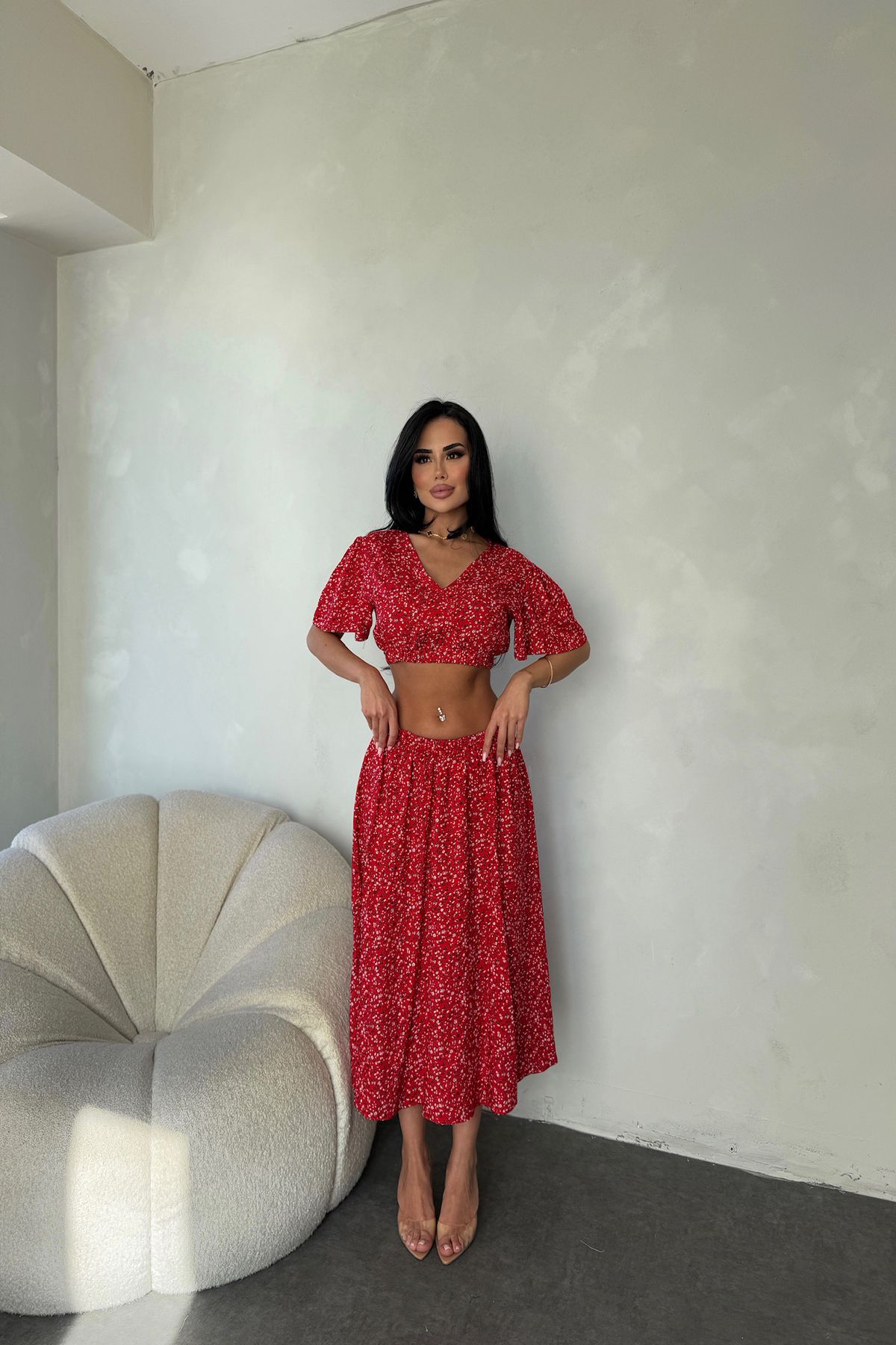 kamacibutik V Yaka Çiçek Desenli İkli Takım Elbise