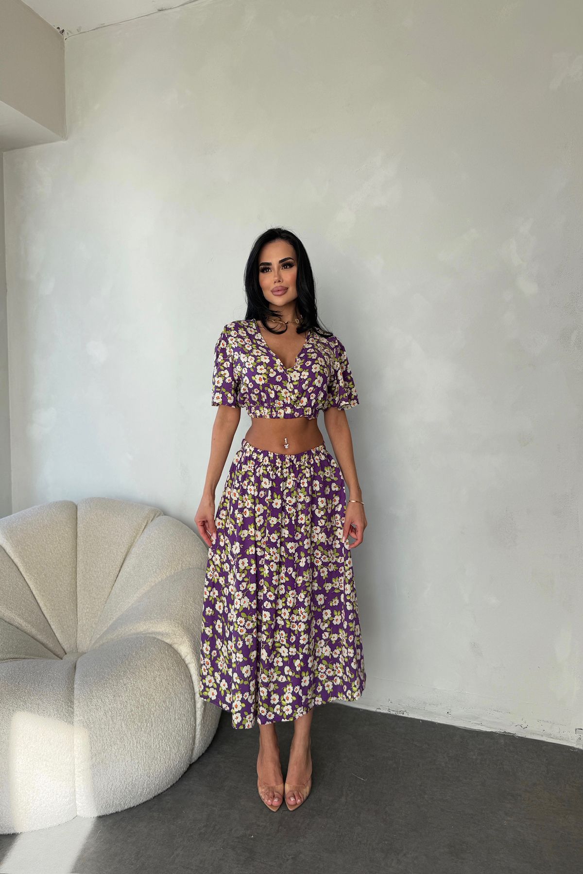 kamacibutik V Yaka Çiçek Desenli İkli Takım Elbise