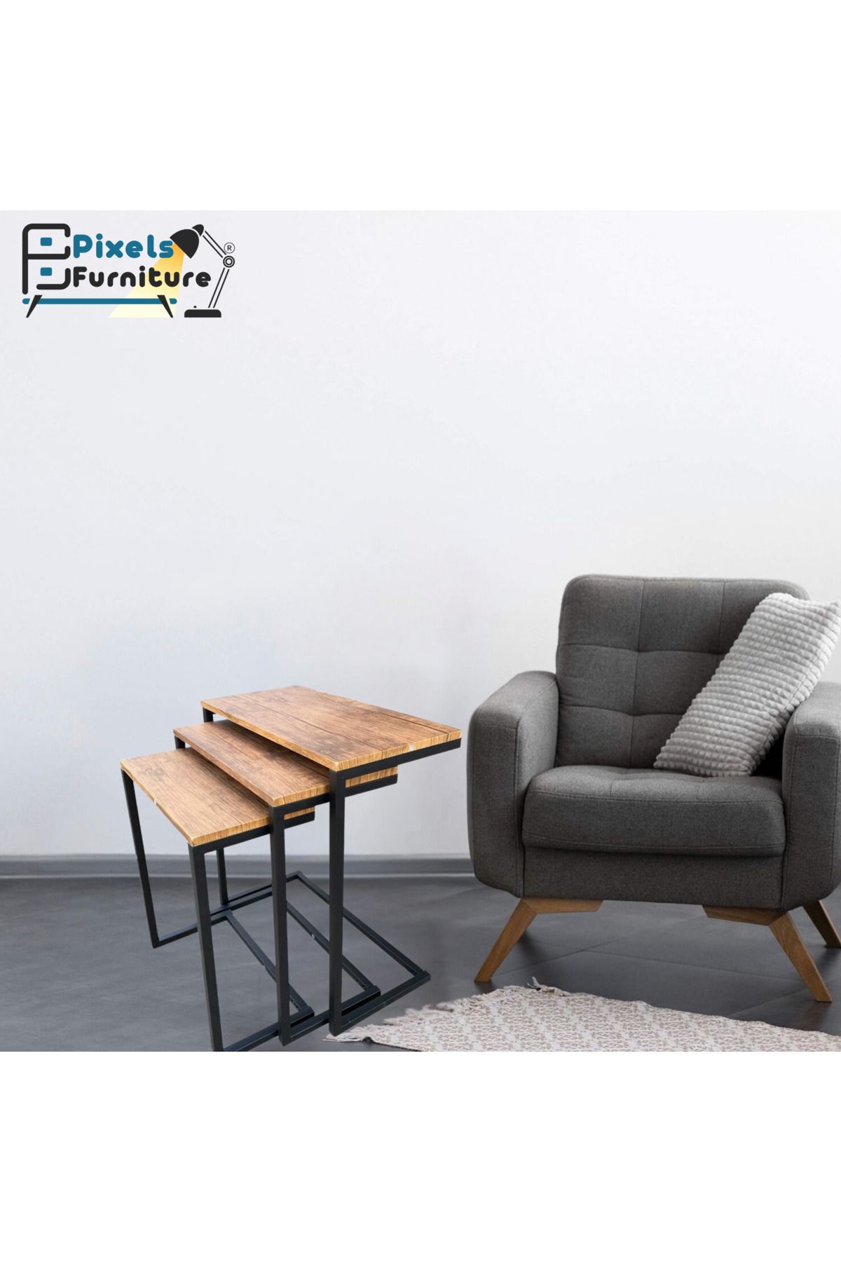 PixelsFurniture-طقم طاولات جانبية متداخلة بتصميم ريفي عصري مكون من 3 قطع من بكسل الأثاث 4