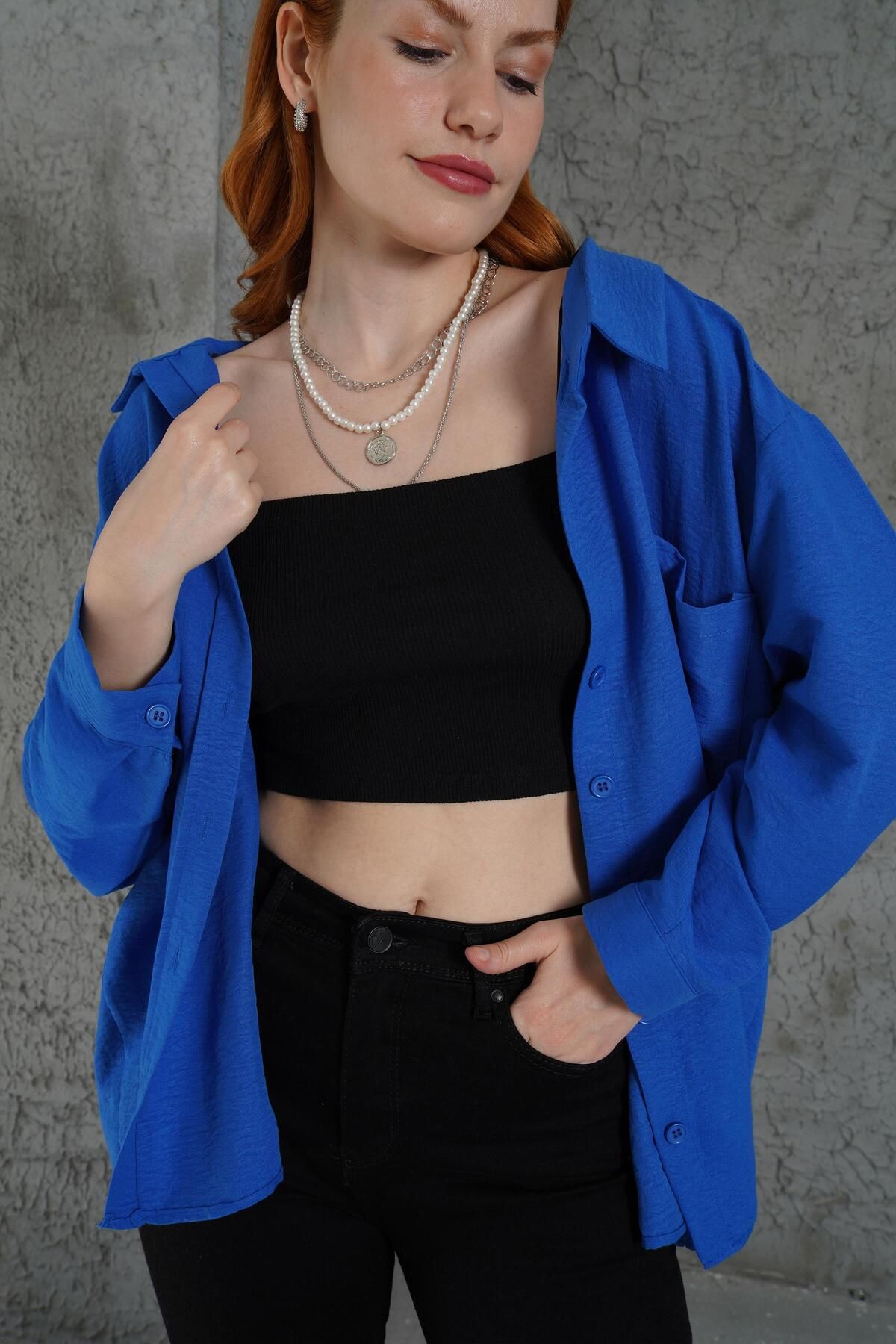 ARUZ MODA Basic Oversize Saks Gömlek