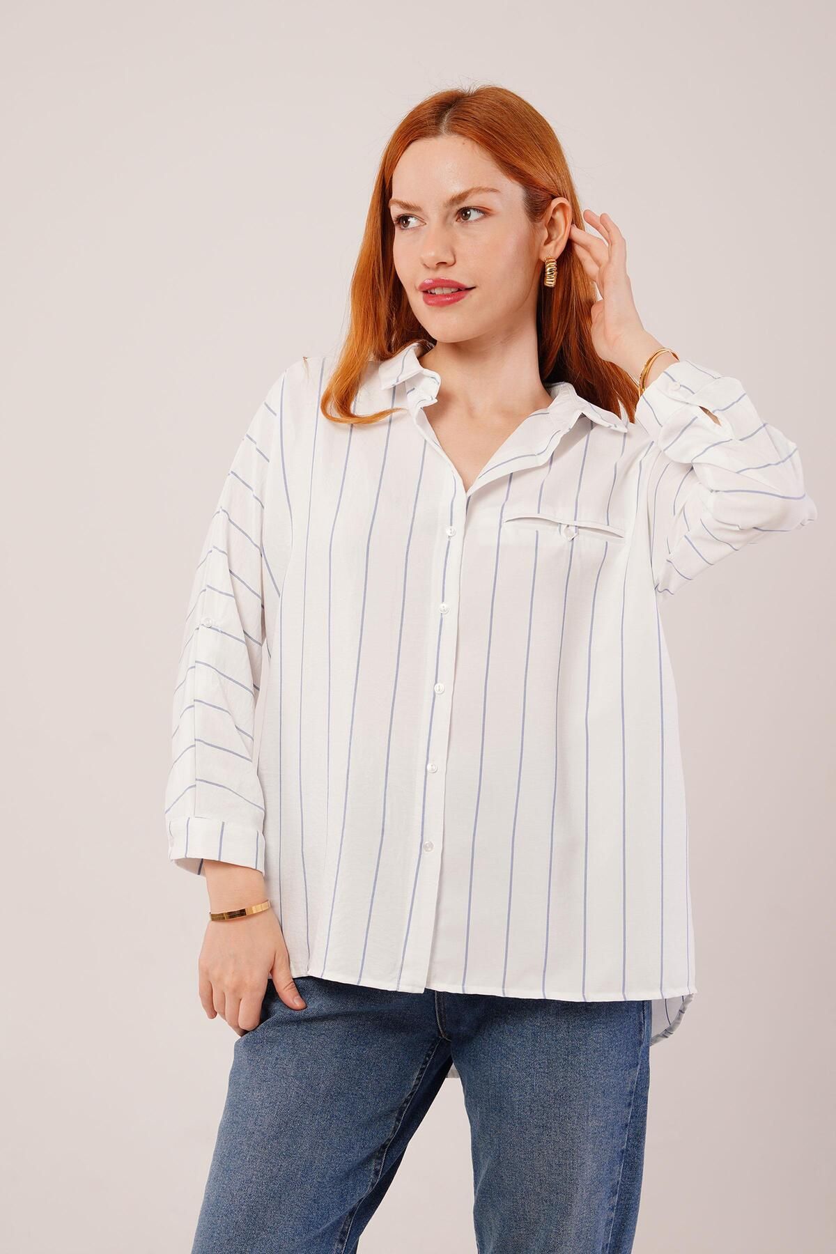 ARUZ MODA Katlanabilir Kol Ve Cep Detaylı Mavi Çizgili Gömlek
