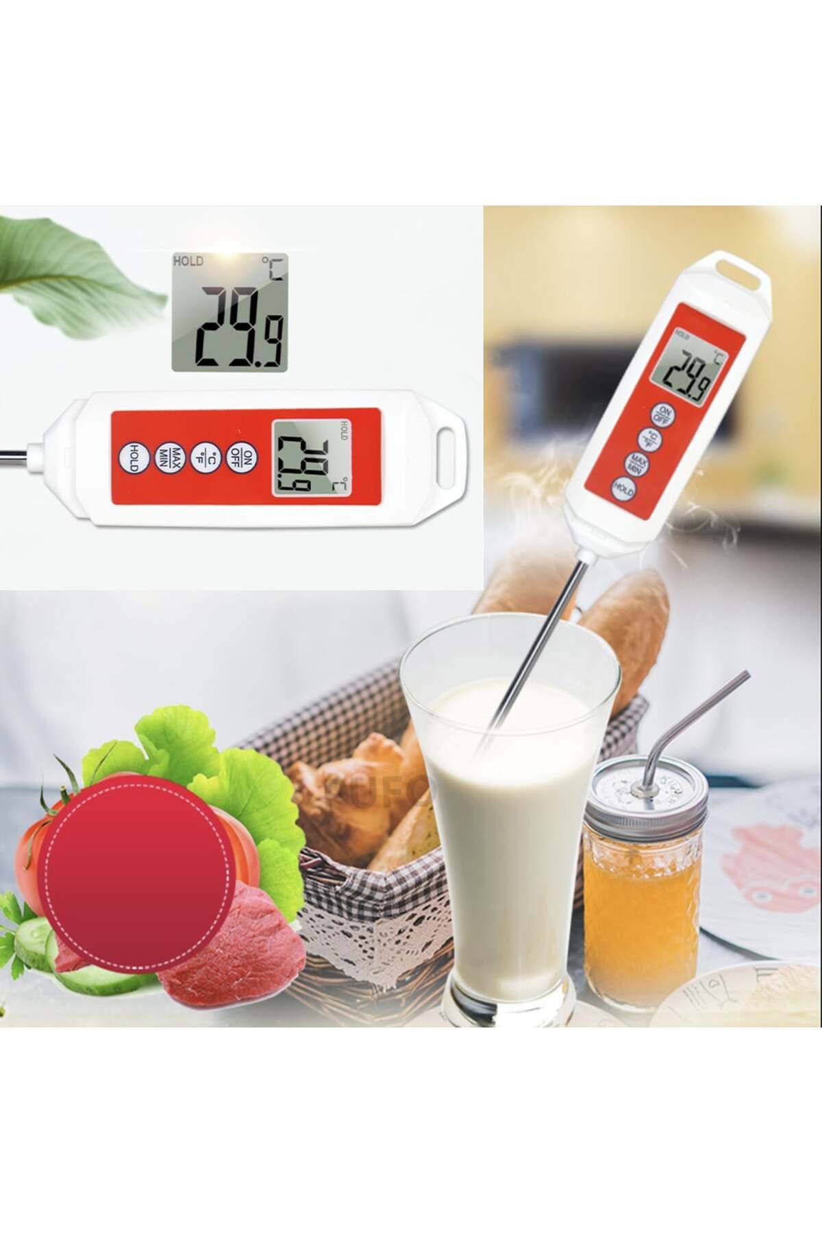 PUFO-Digital thermometer for kitchen, liquids, food, dairy, cakes, wax, -50° C - +300° C, Red/White 5