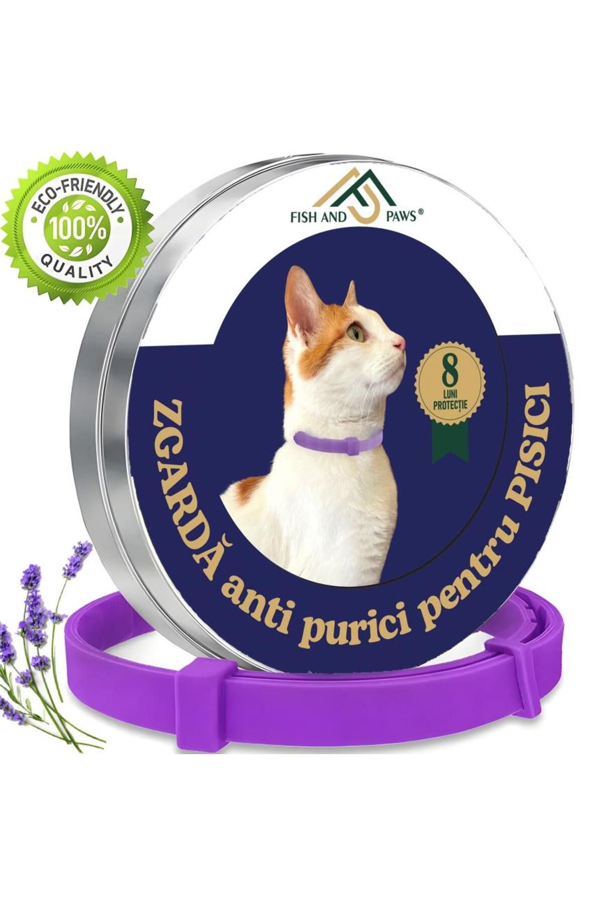 Fish & Paws Zgarda Antiparazitară Pisici Fish & Paws , Lavandă, 8 Luni Protecție, 1 Buc, 38cm, Mov - One Size