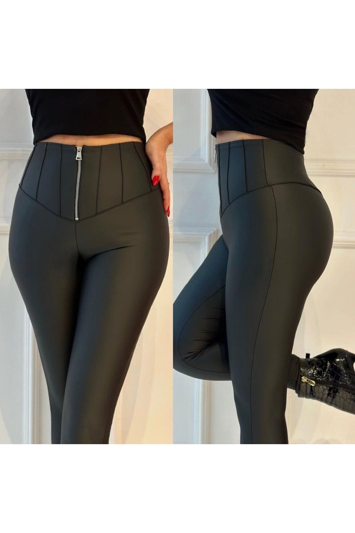 ARUZ MODA Kadın Geniş Fermuarlı Toparlayıcı Yüksek Bel Içi şardonlu Deri Tayt