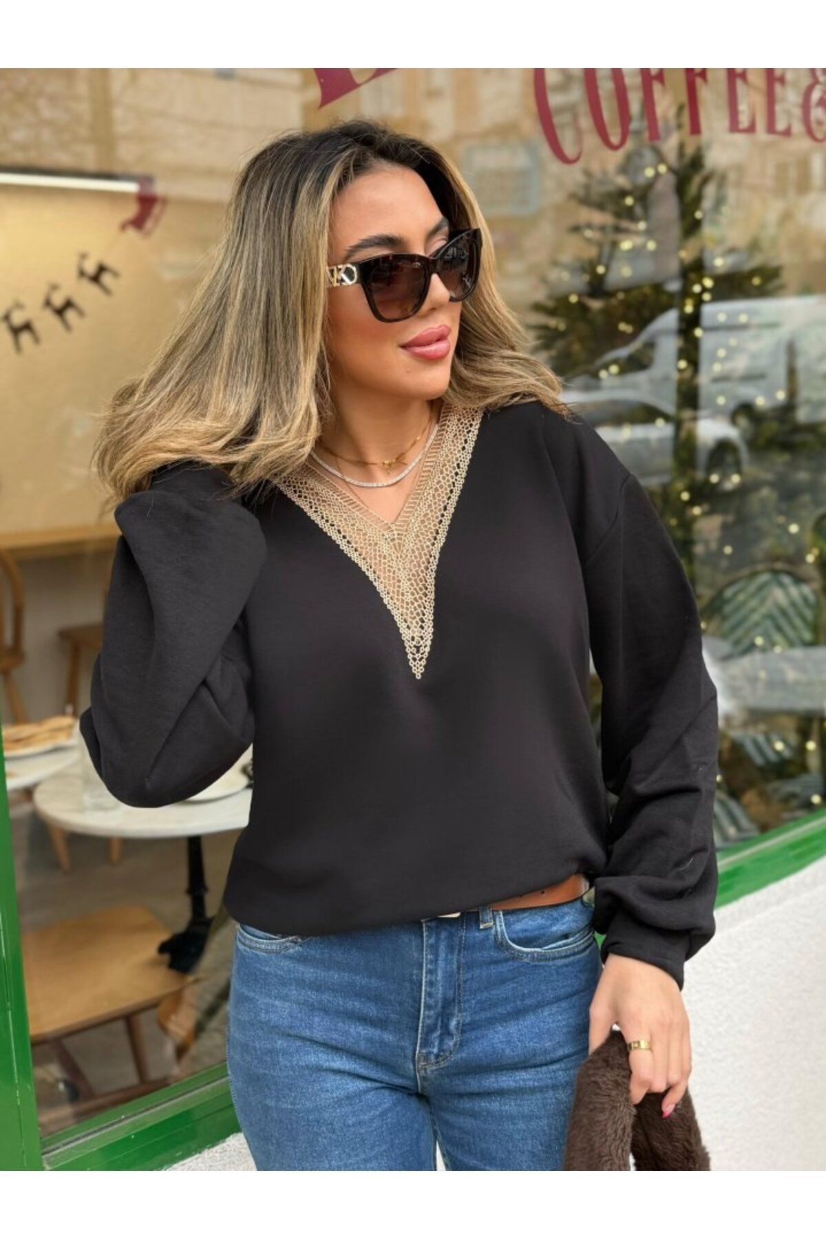 ARUZ MODA Kadın Uzun Kollu V Dantel Yaka şardonsuz üç Iplik Bluz