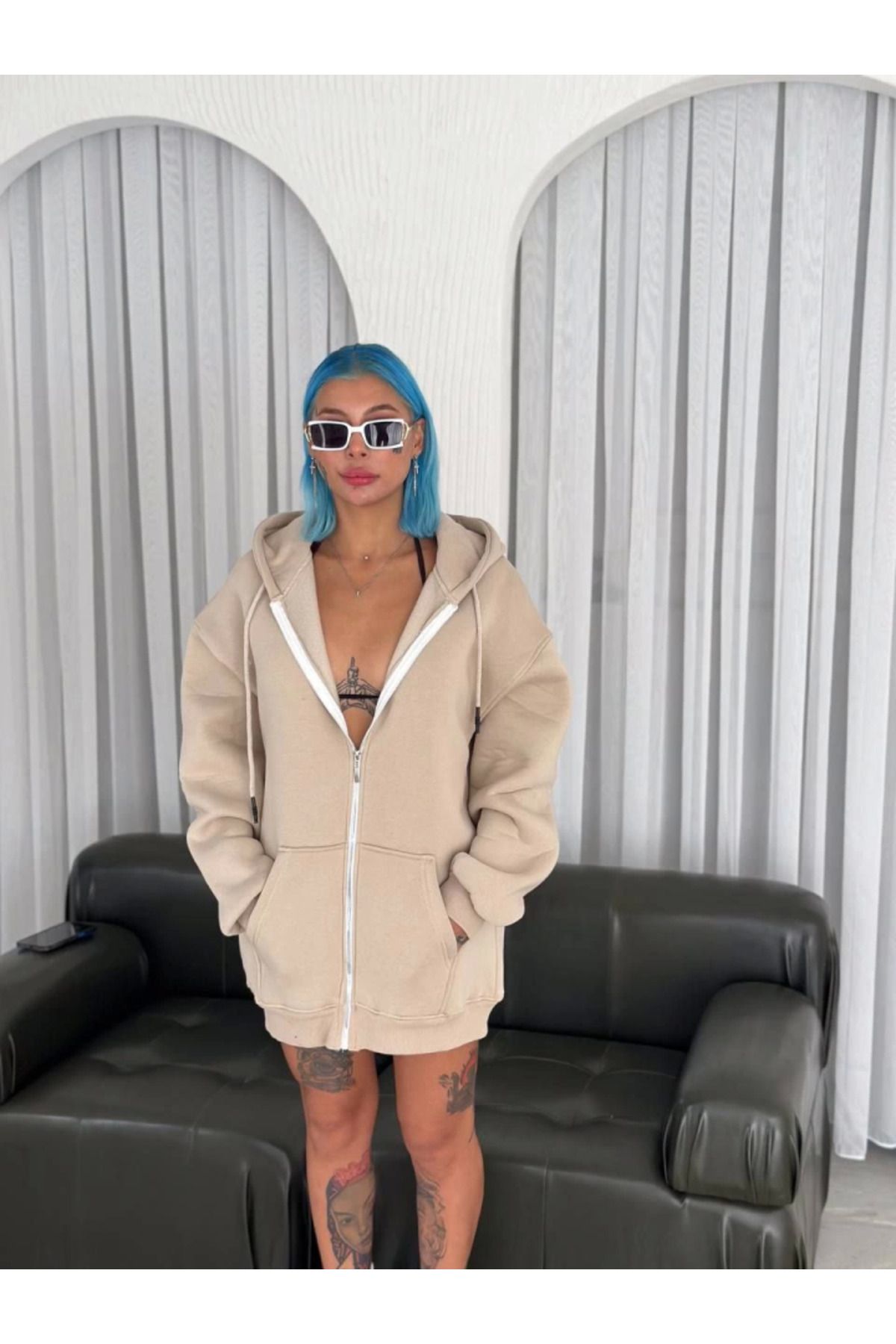 ARUZ MODA Oversize Tam Fermuarlı Uzun Kol Hırka - Bej