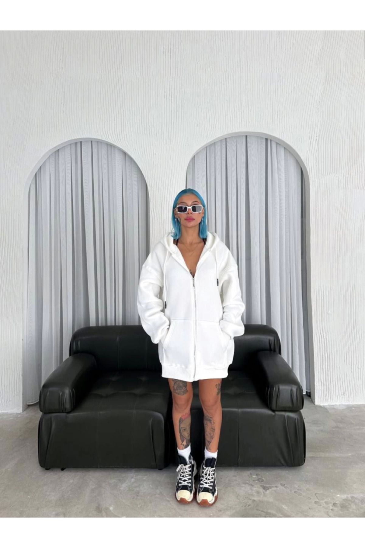 ARUZ MODA Oversize Tam Fermuarlı Uzun Kol Hırka - Beyaz
