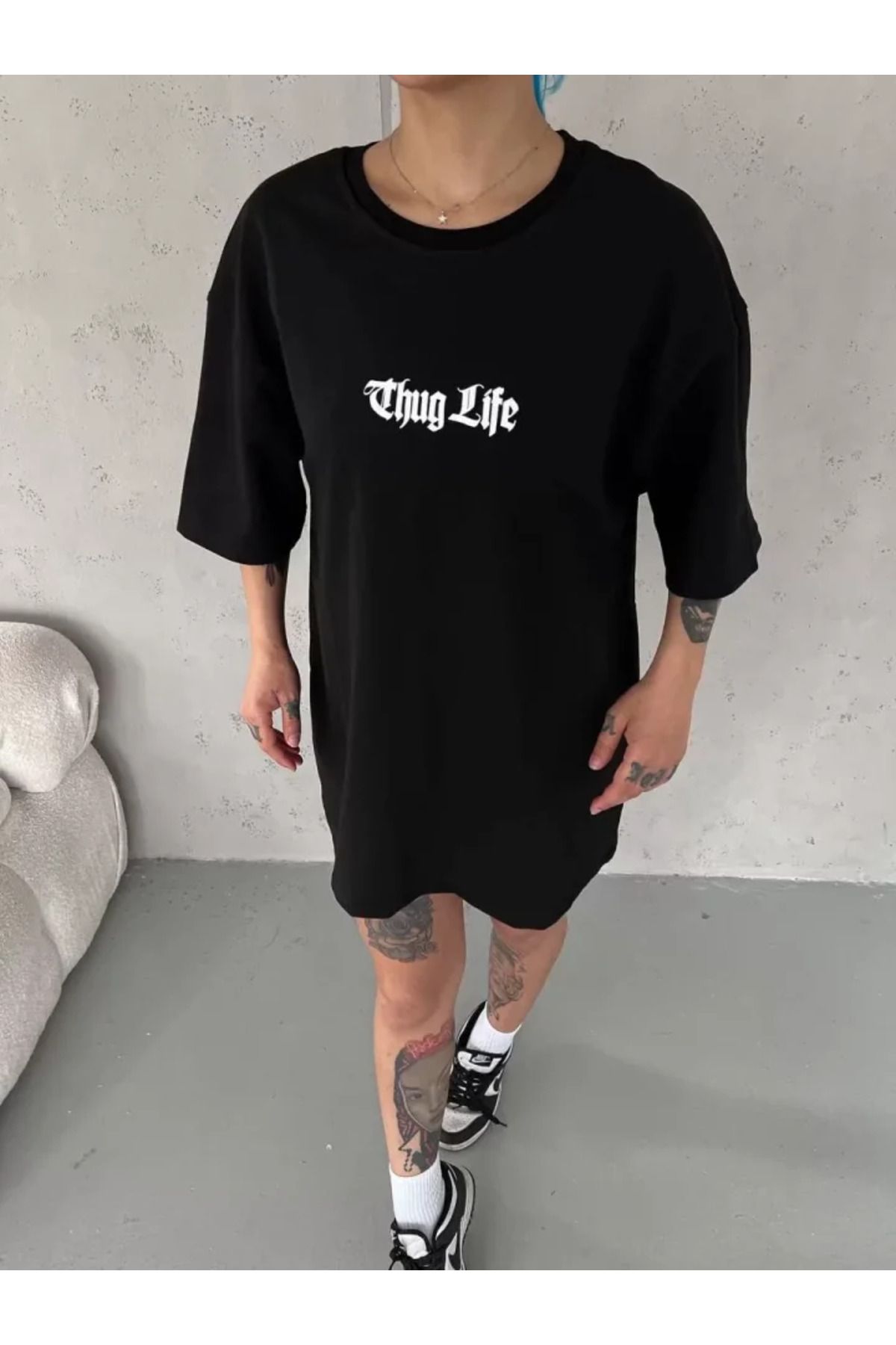 ARUZ MODA Unisex Bisiklet Yaka Baskılı Oversize T-Shirt - Siyah