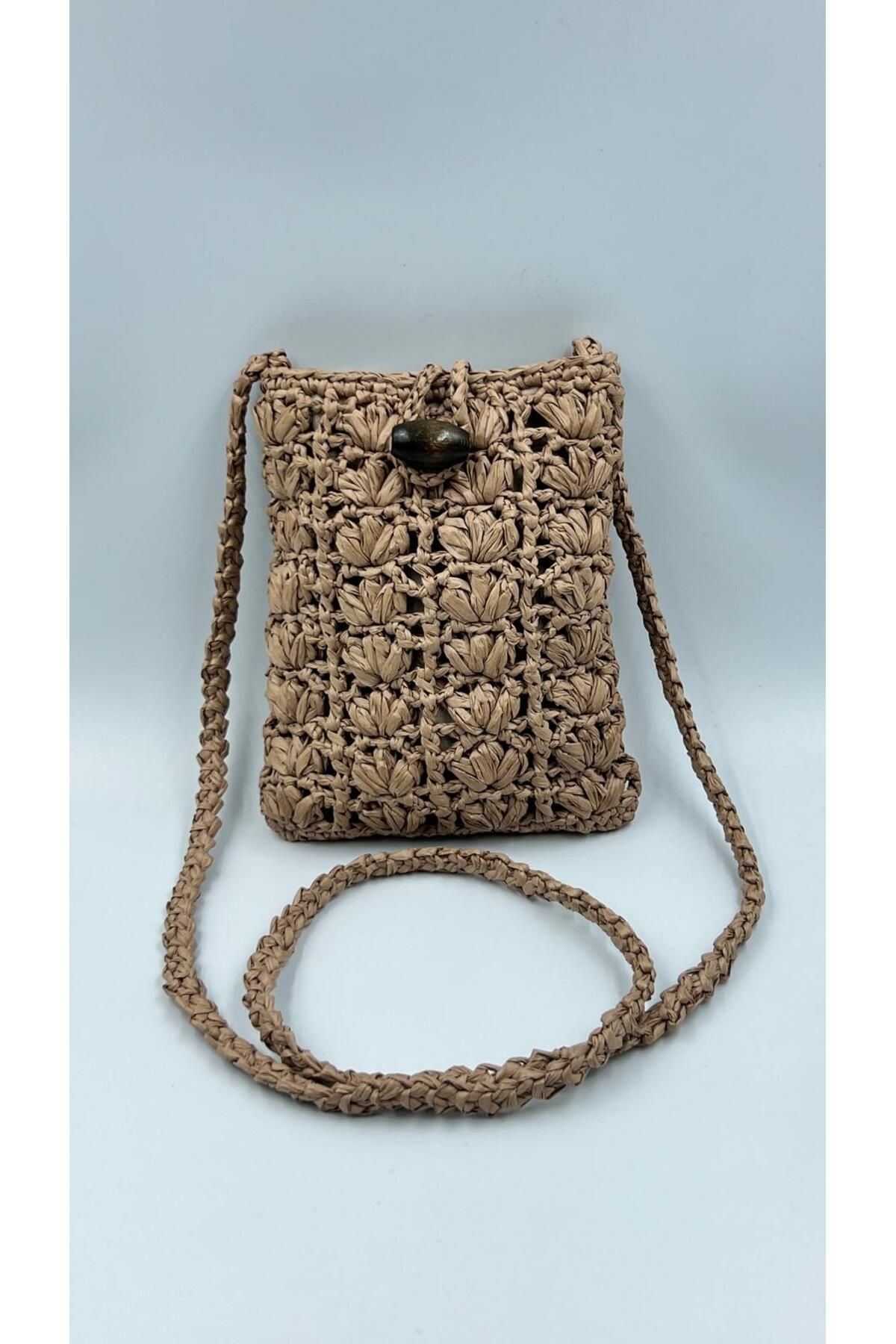 G K Luxury Hasır Heybe Mini Bag , İtal Rafya İp El Örgüsü Tahta Düğmeli Astarlı ,Telefon Çantası Omuz Çantası