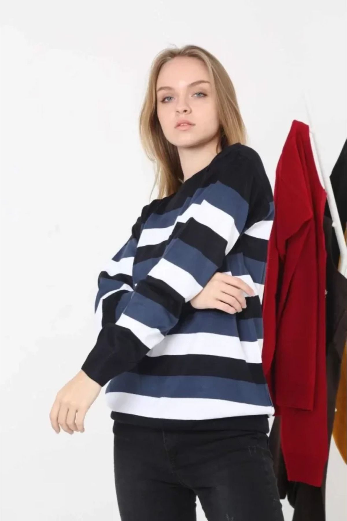 ARUZ MODA Unisex Kalın Çizgili Bisiklet Yaka Triko Kazak - Lacivert