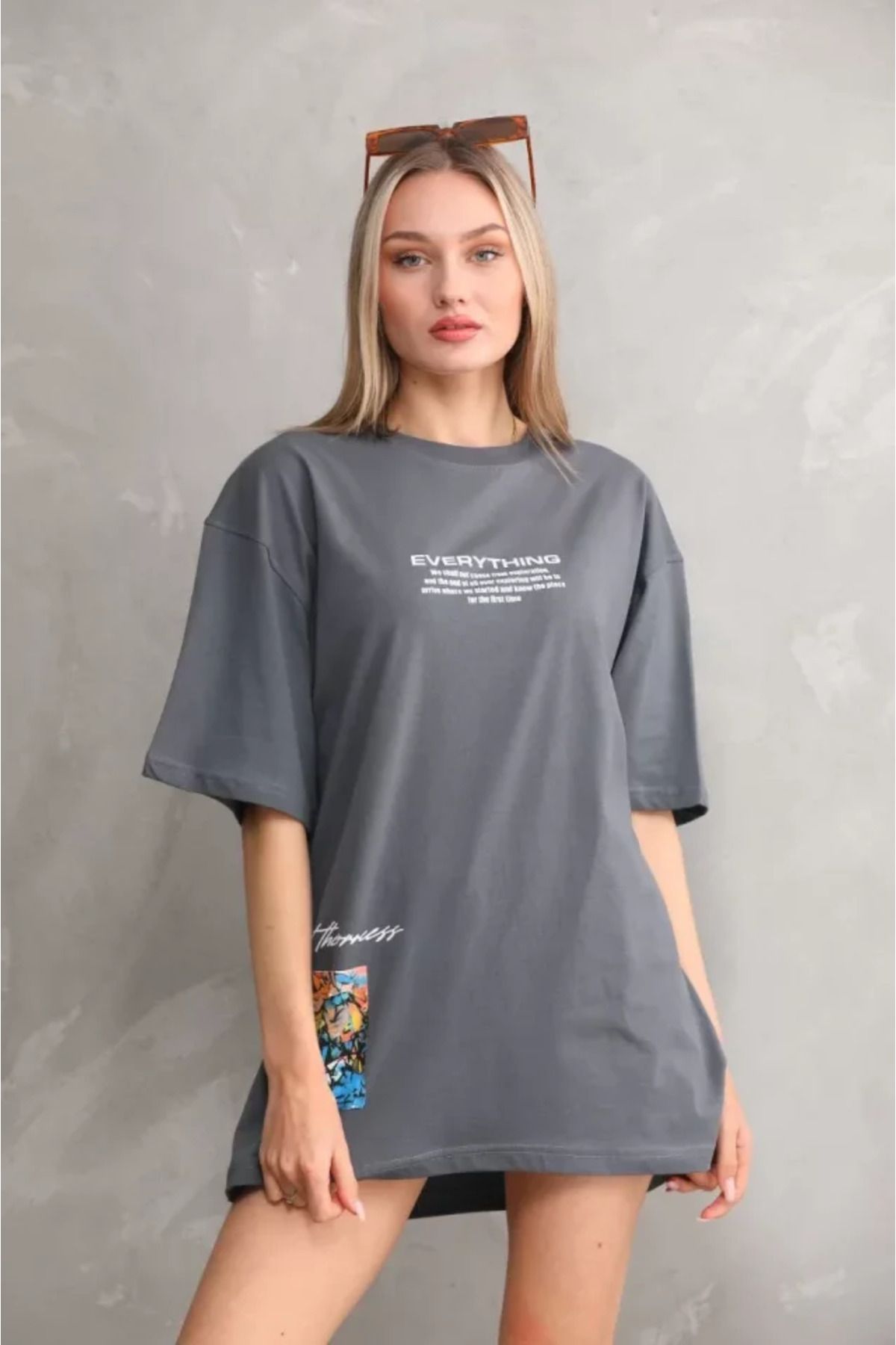 ARUZ MODA Unisex Bisiklet Yaka Baskılı Oversize T-Shirt - Gri
