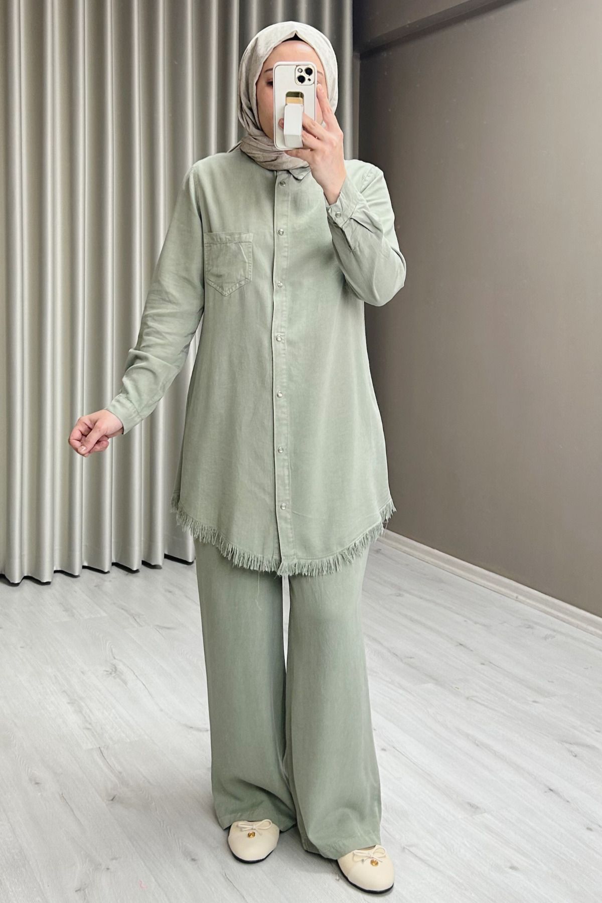 T Moda Store Premium Kumaş Çıtçıt Düğme Detaylı Gömlek Pantolon İkili Tesettür Takım