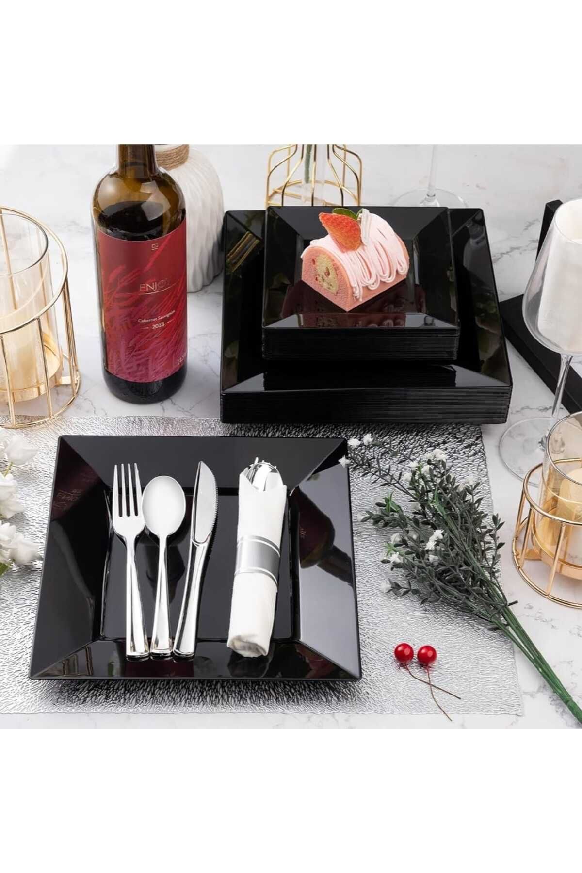 Evinizin Yardımcısı SUNUMLUK#PARTİ TABAK#PARTİ MALZEMELERİ#PARTİ SUNUMLUK# SİYAH PLASTİK KARE TABAK 22X22 CM 6 ADET