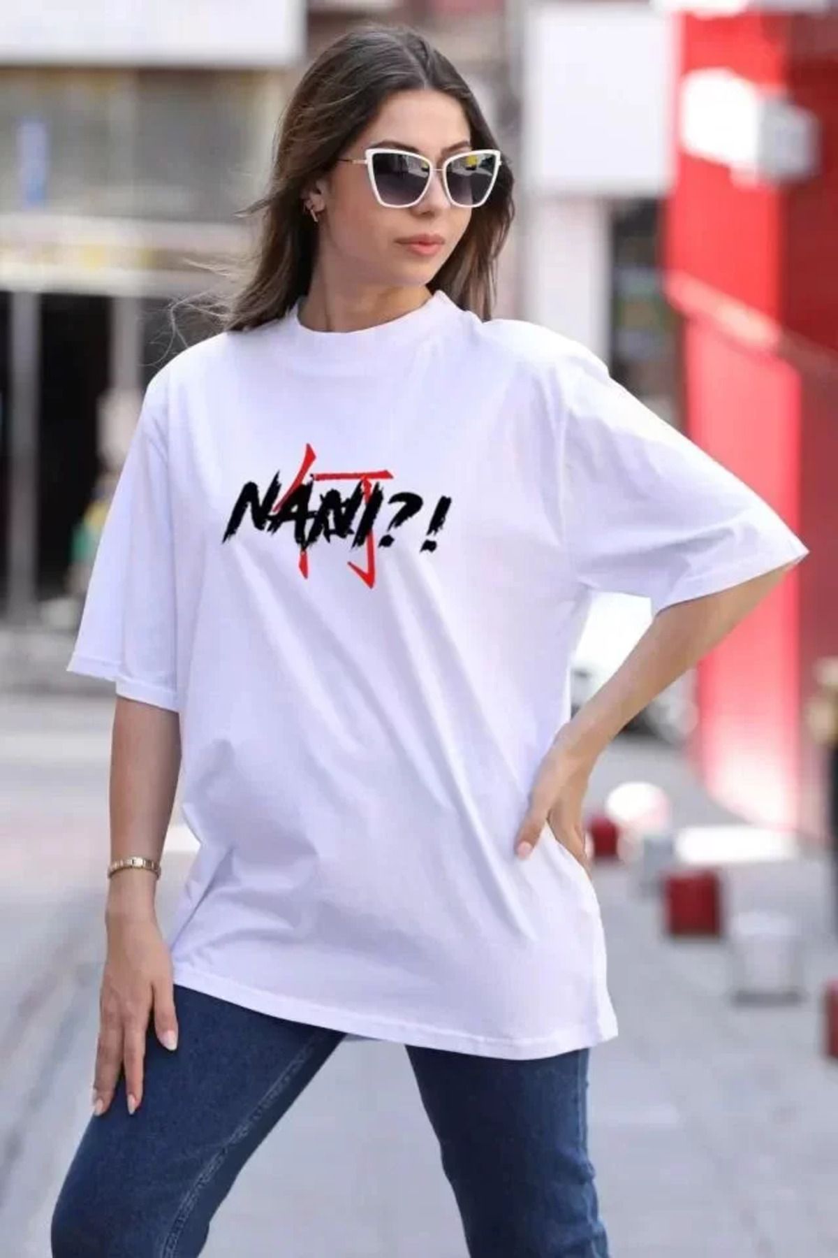 ARUZ MODA Unisex Bisiklet Yaka Baskılı Oversize T-Shirt - Beyaz