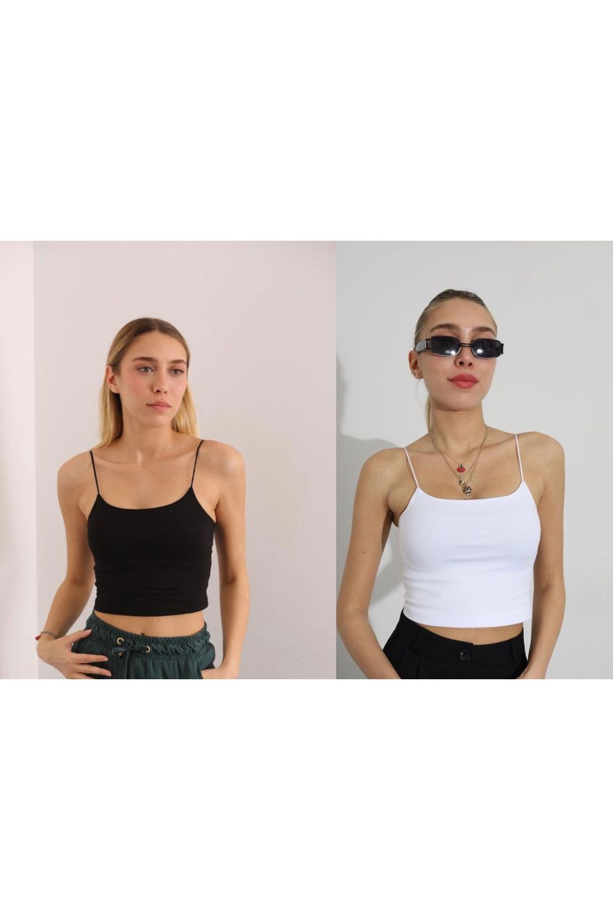 FASHİON TREND Kadın 2’li Basic İnce Askılı Kısa Crop Atlet Seti - Siyah & Beyaz