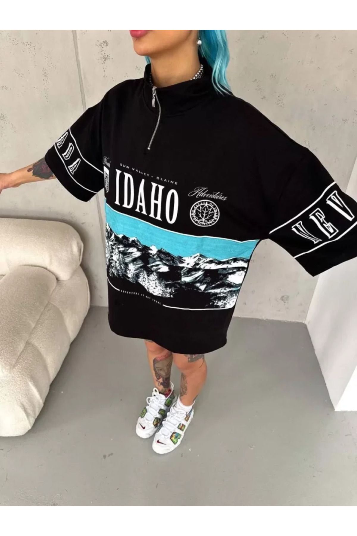 ARUZ MODA Unisex Baskılı Yarım Fermuarlı T-Shirt - Siyah