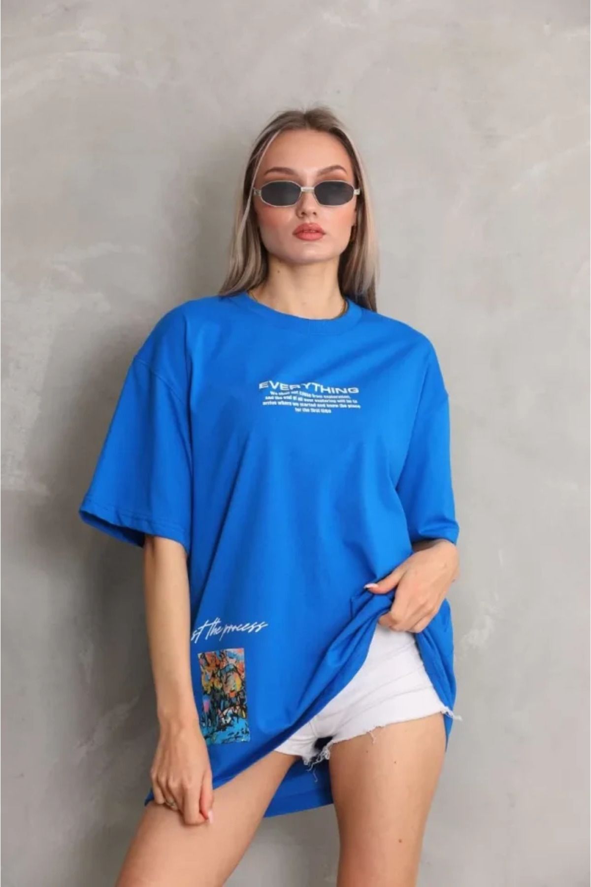 ARUZ MODA Unisex Bisiklet Yaka Baskılı Oversize T-Shirt - Mavi