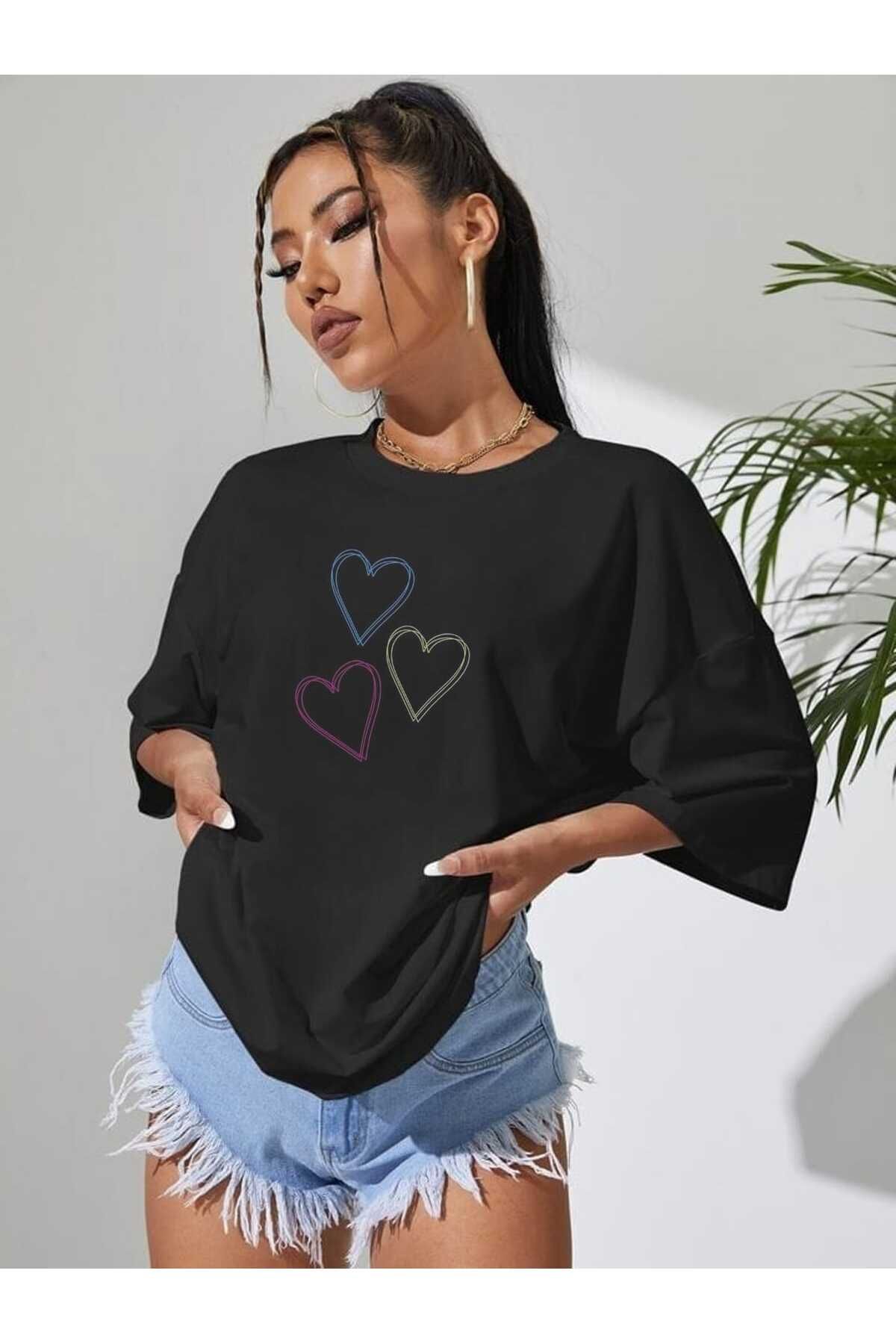 TekTarzz Unisex Renkli Kalpli Baskılı Tshirt