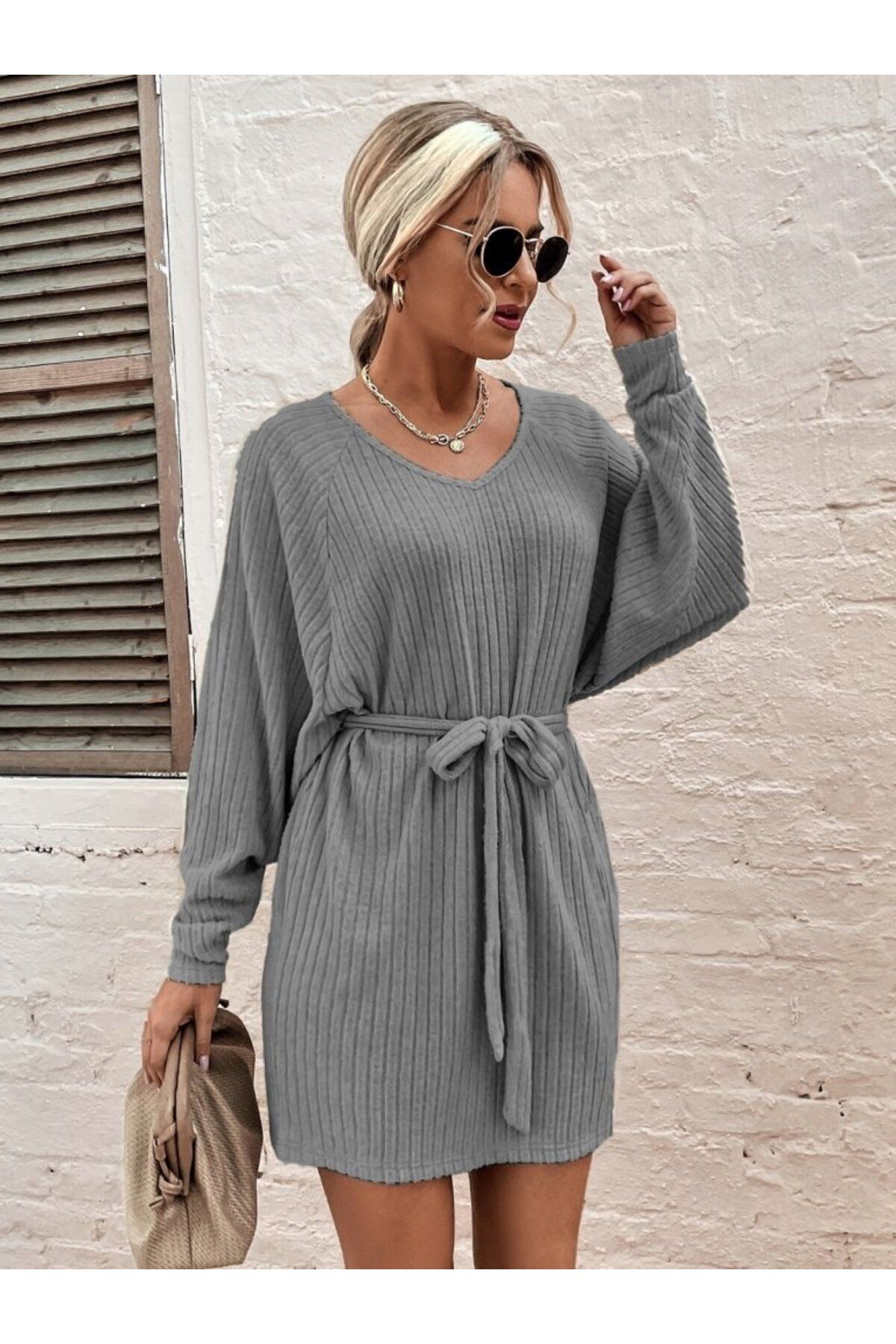 ARUZ MODA Kadın Uzun Kollu Fitilli şardonlu Detay Buklet Kuşaklı Yumoş Elbise