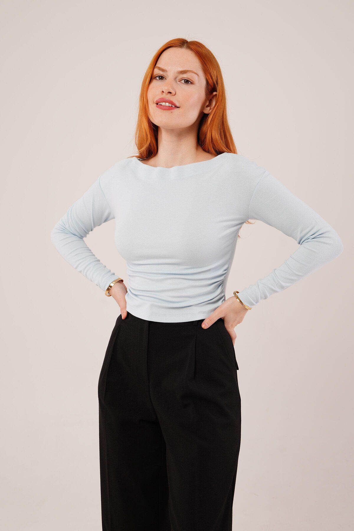 ARUZ MODA Yaka Detay Uzun Kollu Basic Bebe Mavisi Bluz