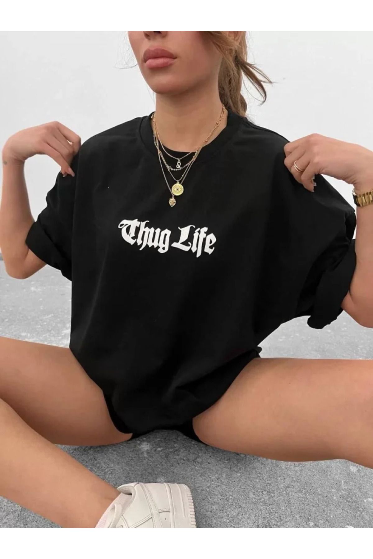 ARUZ MODA Unisex Bisiklet Yaka Baskılı Oversize T-Shirt - Siyah