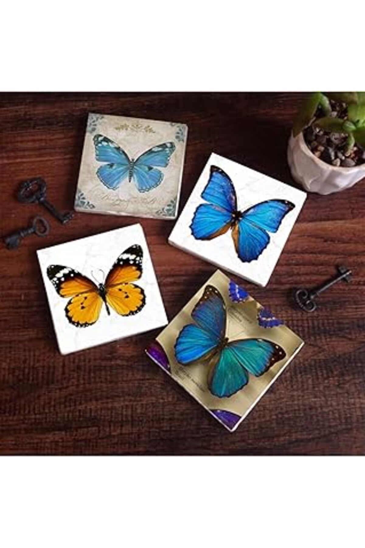 karadağsb Pinecone Kelebek Taş Bardak Altlığı Seti - 4 Parça - Dekoratif, Rustik Mutfak Aksesuarı, 10X10 Cm,