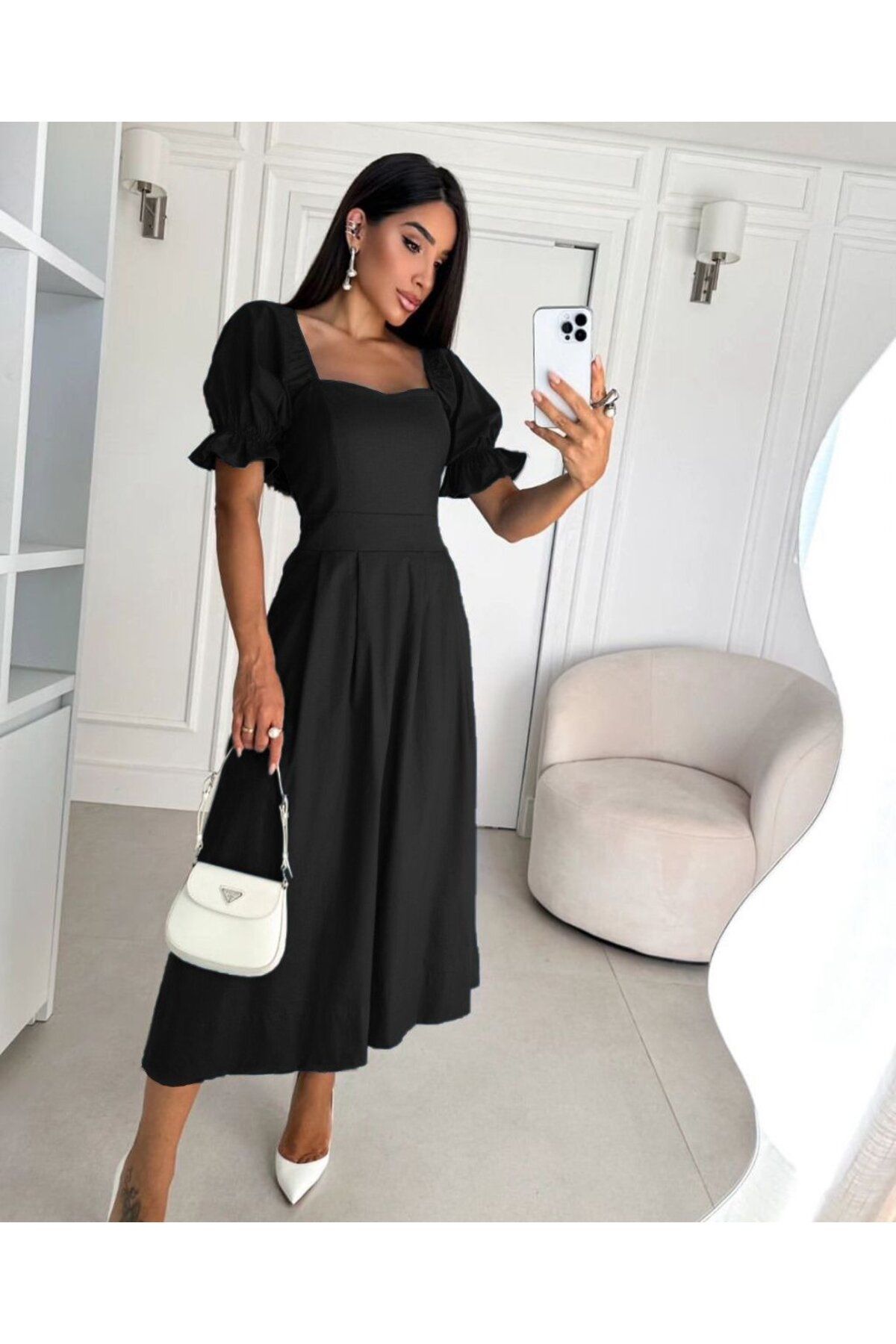 ARUZ MODA Kadın Kısa Kollu Kare Yaka Midi Boy Trikoton Kumaş Elbise