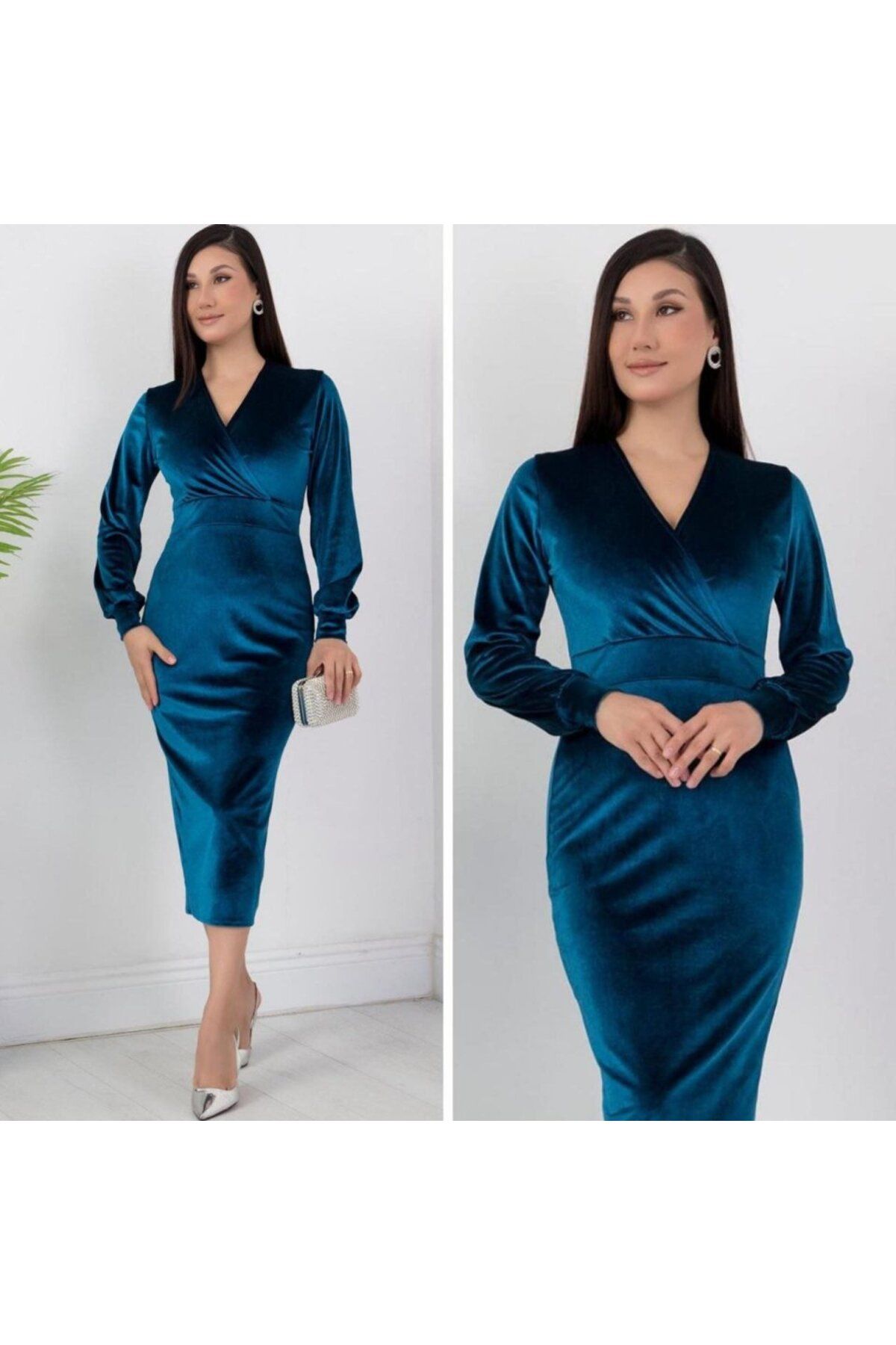 ARUZ MODA Kadın Kadife Kumaş Manşetli V Yaka Şık Kalem Elbise