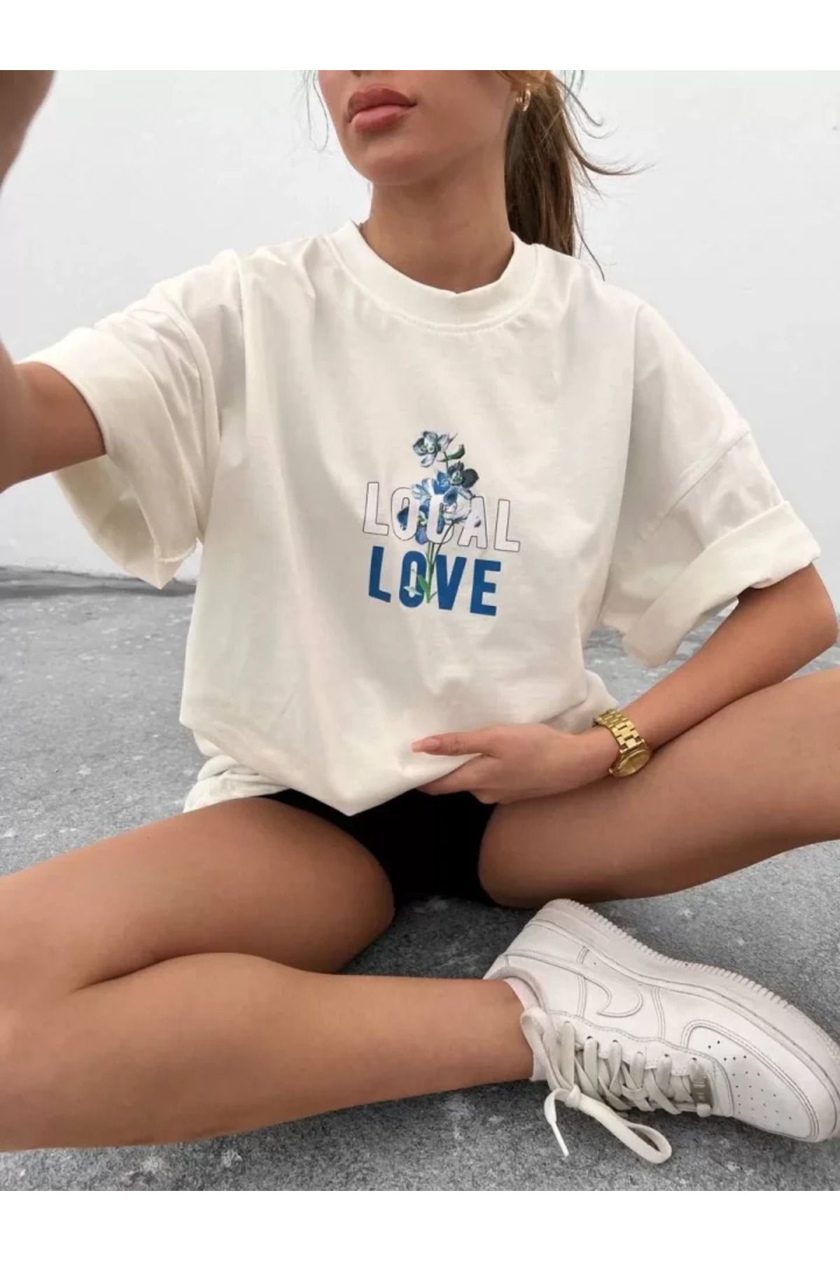 ARUZ MODA Unisex Bisiklet Yaka Baskılı Oversize T-Shirt - Beyaz