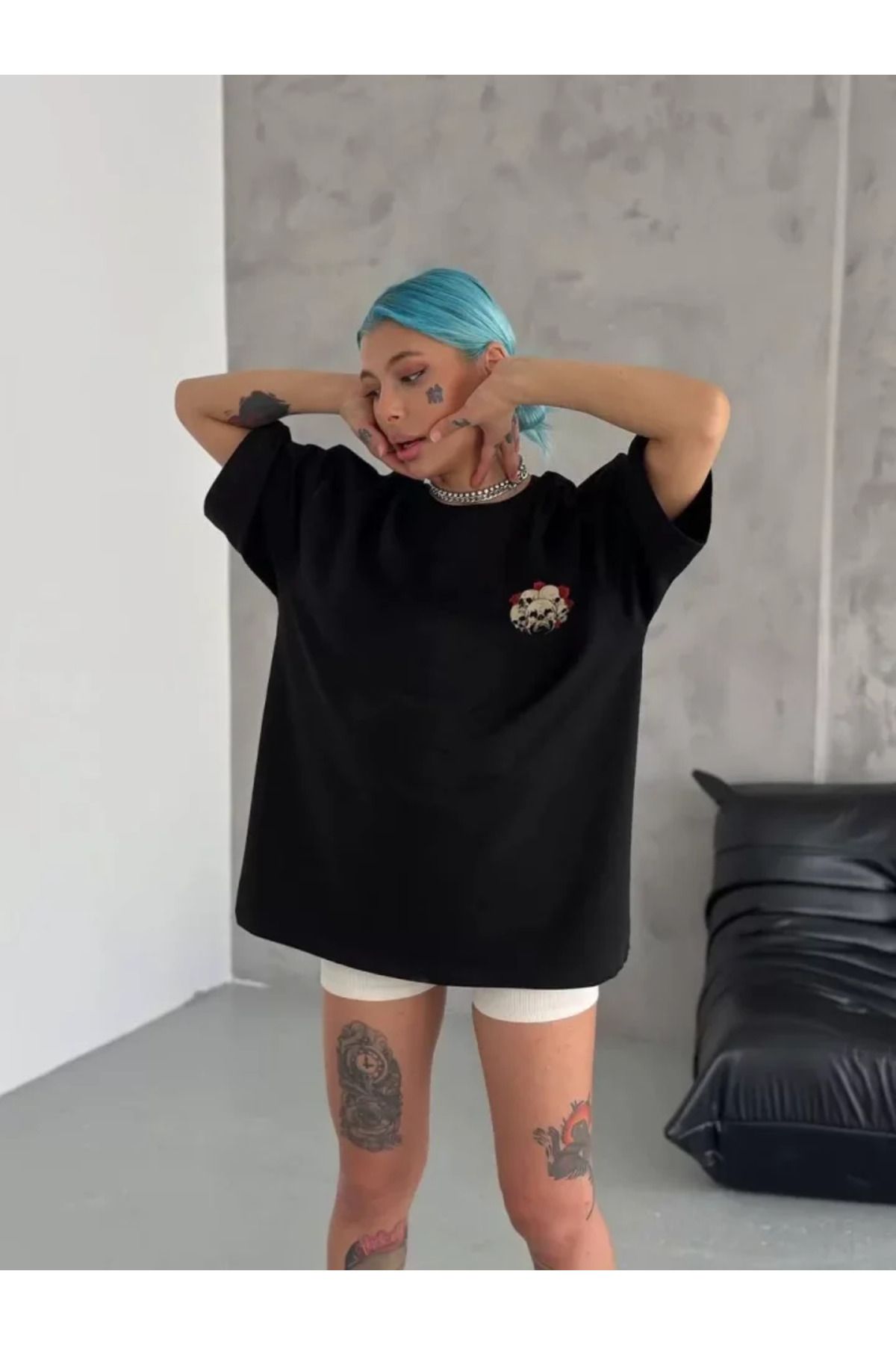 ARUZ MODA Unisex Bisiklet Yaka Baskılı Oversize T-Shirt - Siyah