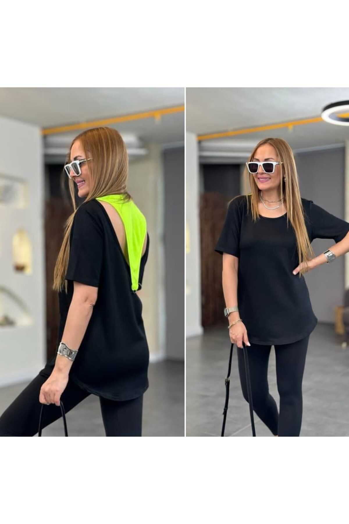 ARUZ MODA Kadın İki İplik Kumaş Sırt Neon Detay Bluz
