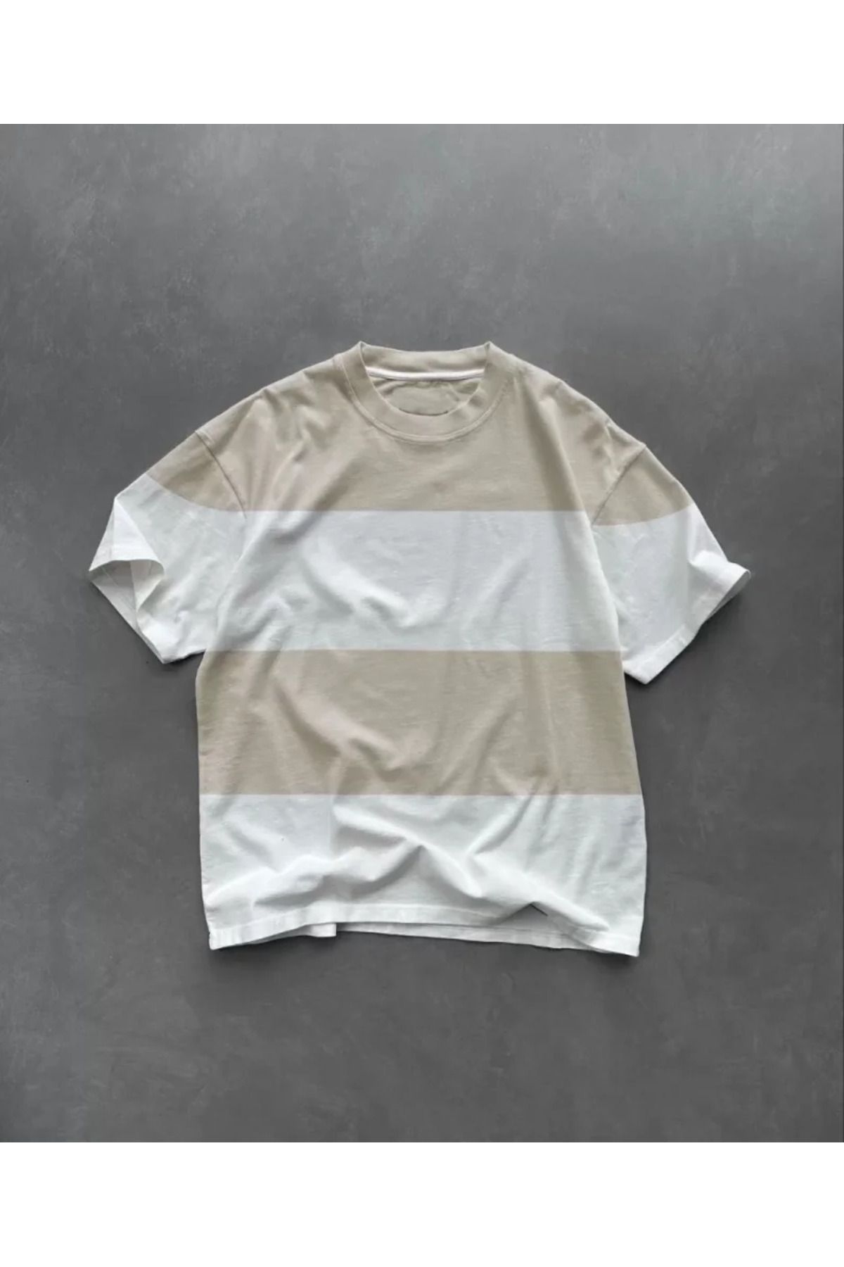 ARUZ MODA Unisex Bisiklet Yaka Parçalı T-Shirt - Bej