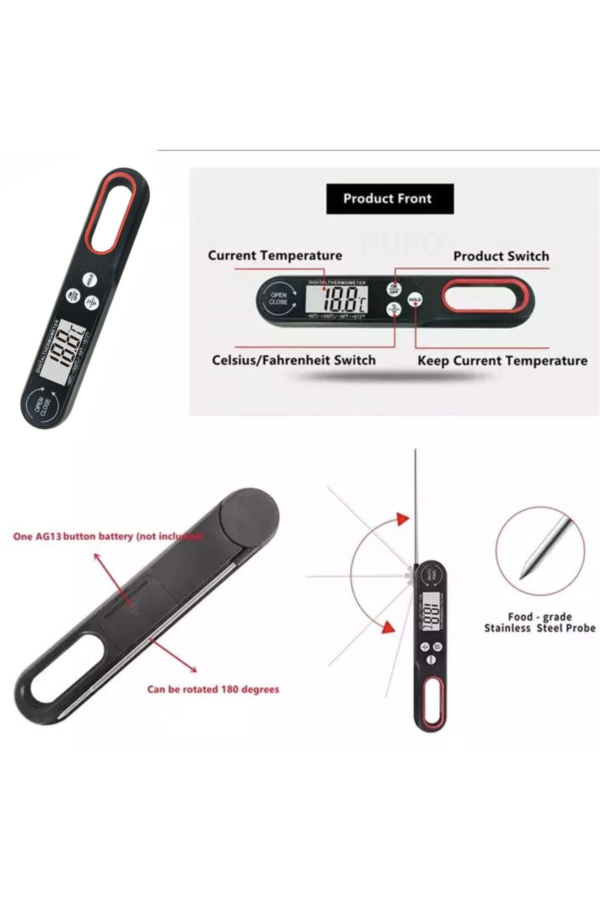 PUFO-Digital thermometer with probe, Large easy-to-read display, -50°C ~ +300°C, Foldable model, Black 3