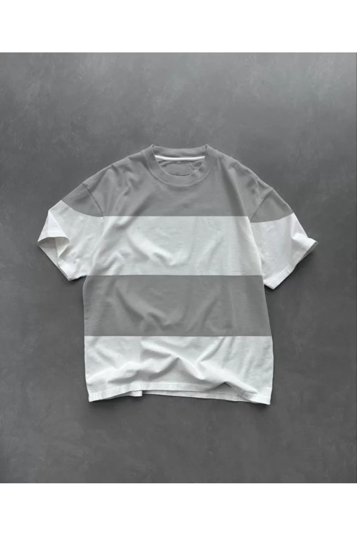 ARUZ MODA Unisex Bisiklet Yaka Parçalı T-Shirt - Gri