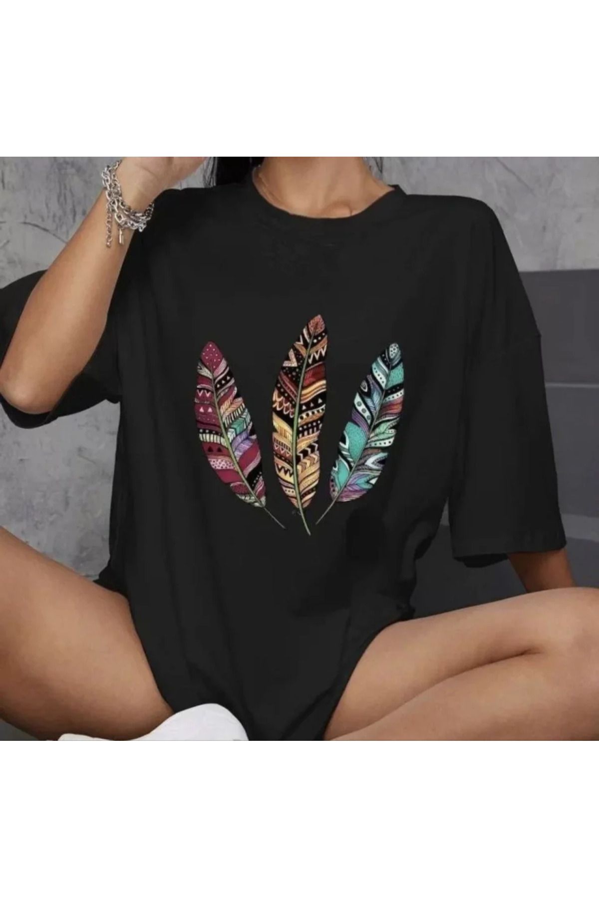 ARUZ MODA Unisex Bisiklet Yaka Baskılı Oversize T-Shirt - Siyah