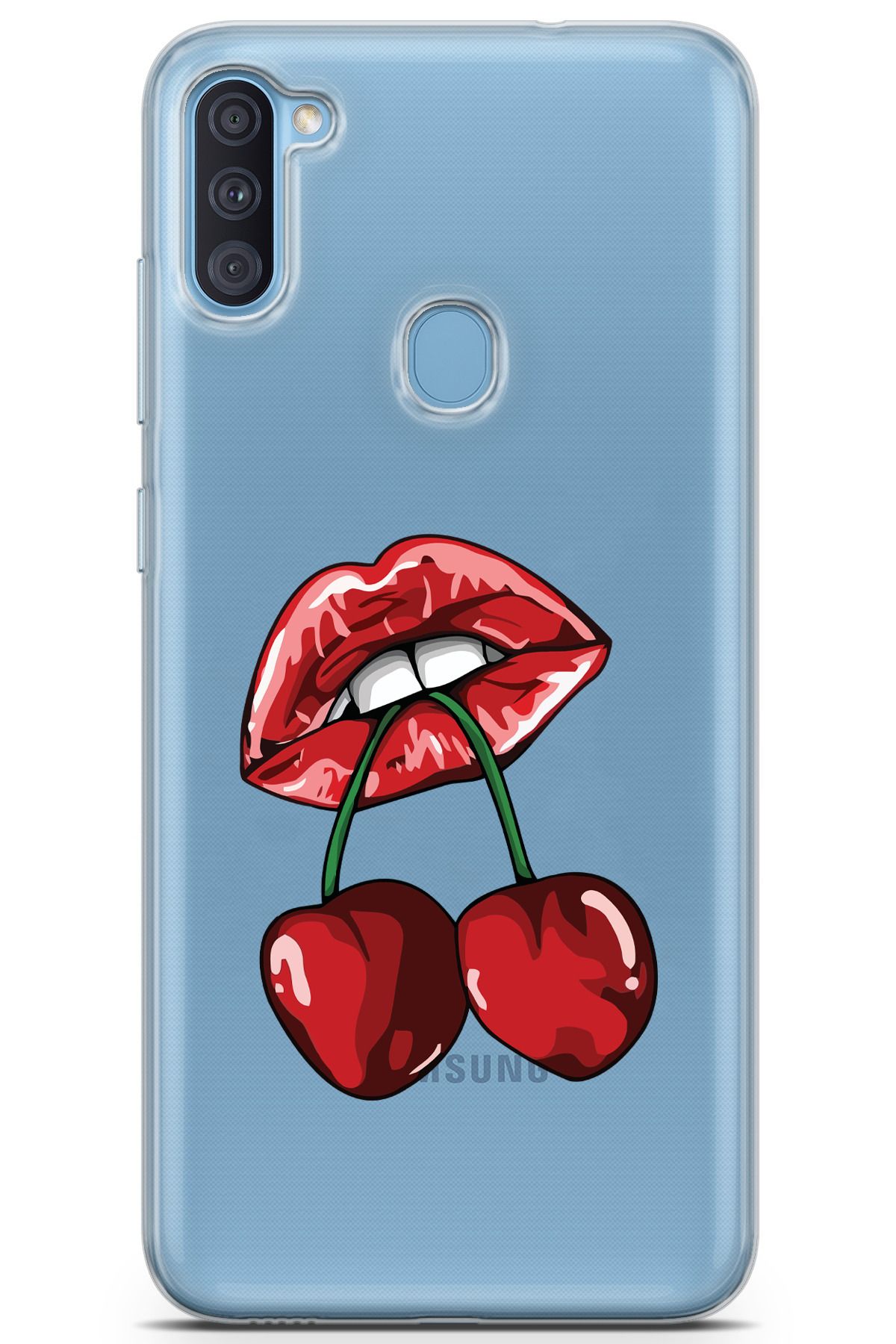 moonset Samsung Galaxy A11 / M11 Uyumlu Dudak ve Kiraz Tasarımlı Baskılı Şeffaf Telefon Kılıfı