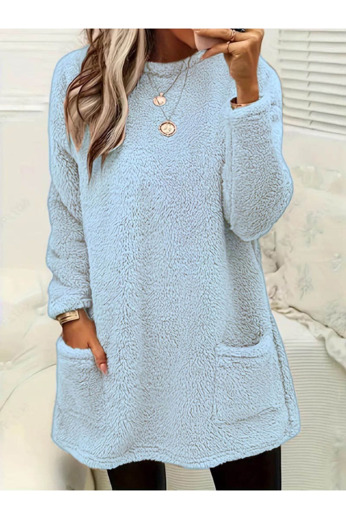 ARUZ MODA Kadın Uzun Kollu Yuvarlak Yakalı Cepli Peluş Bluz