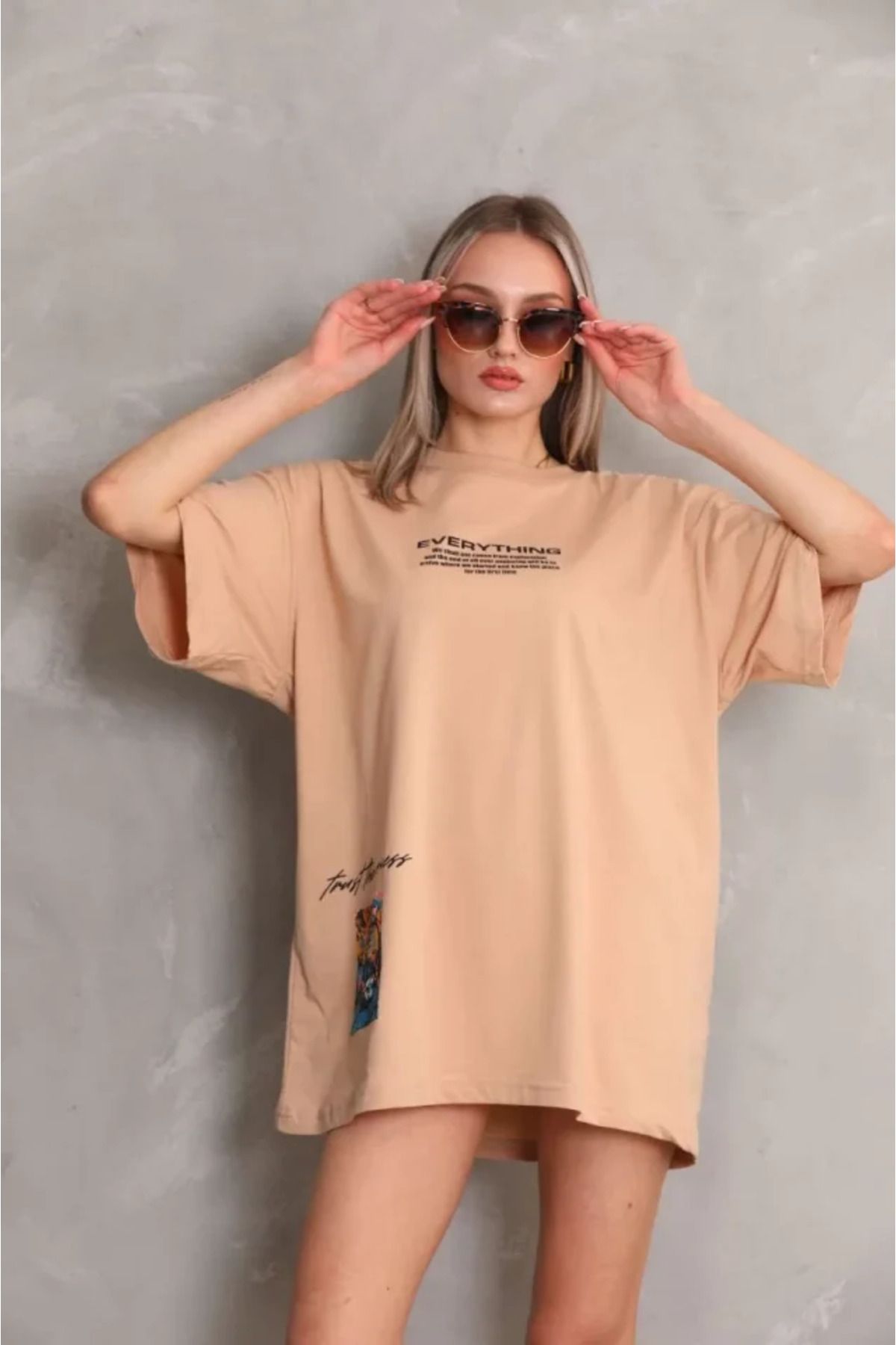 ARUZ MODA Unisex Bisiklet Yaka Baskılı Oversize T-Shirt - Bej
