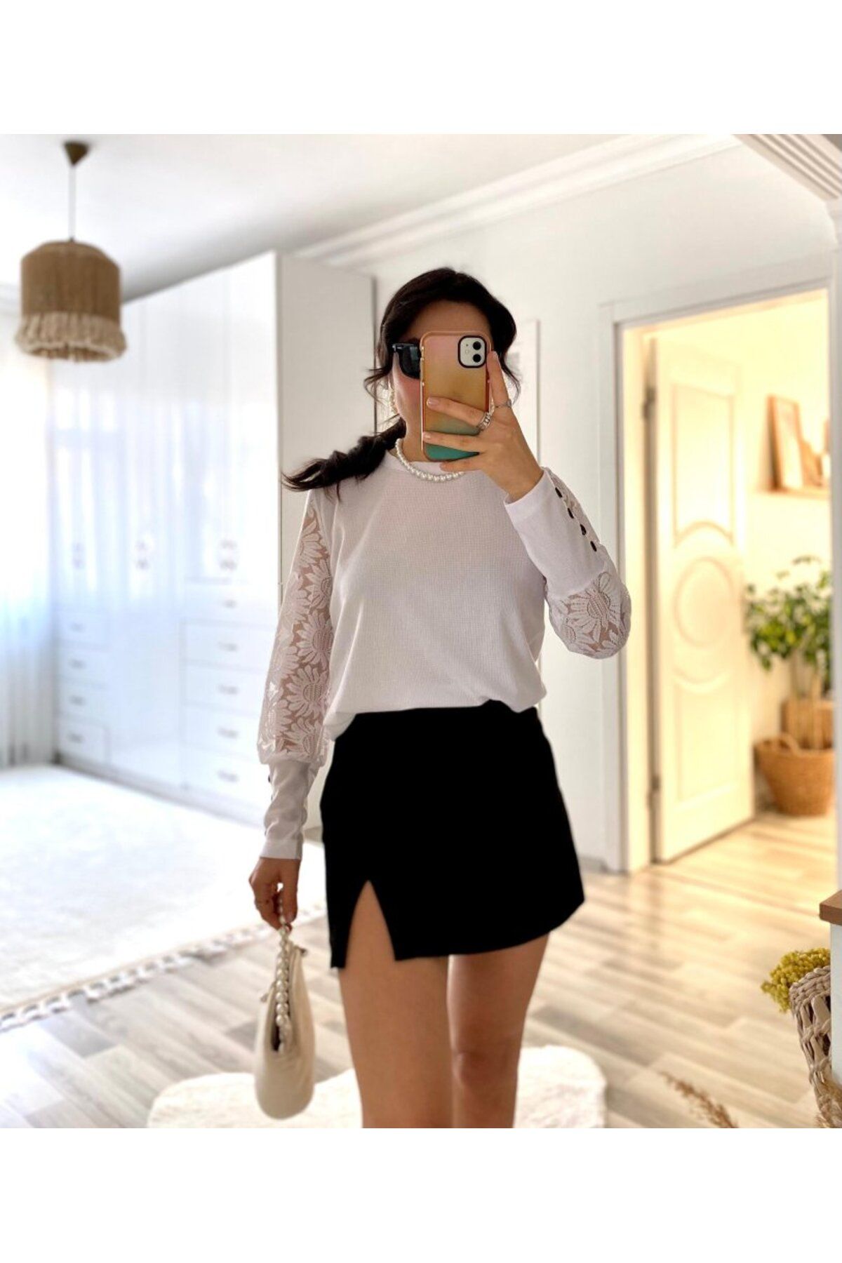 ARUZ MODA Kadın Uzun Kollu Bisiklet Yaka Kolları çiçekli Waffle Bluz