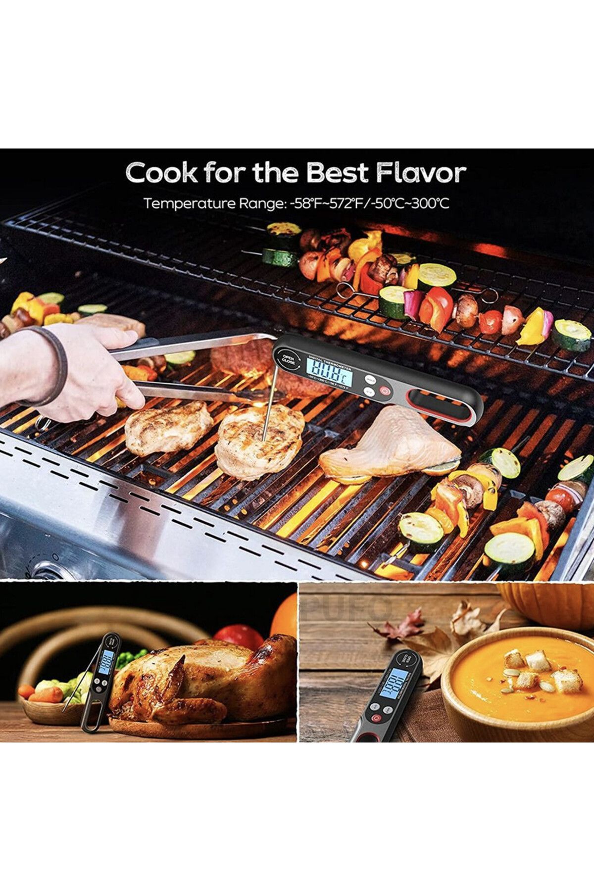 PUFO-Digital thermometer with probe, Large easy-to-read display, -50°C ~ +300°C, Foldable model, Black 7