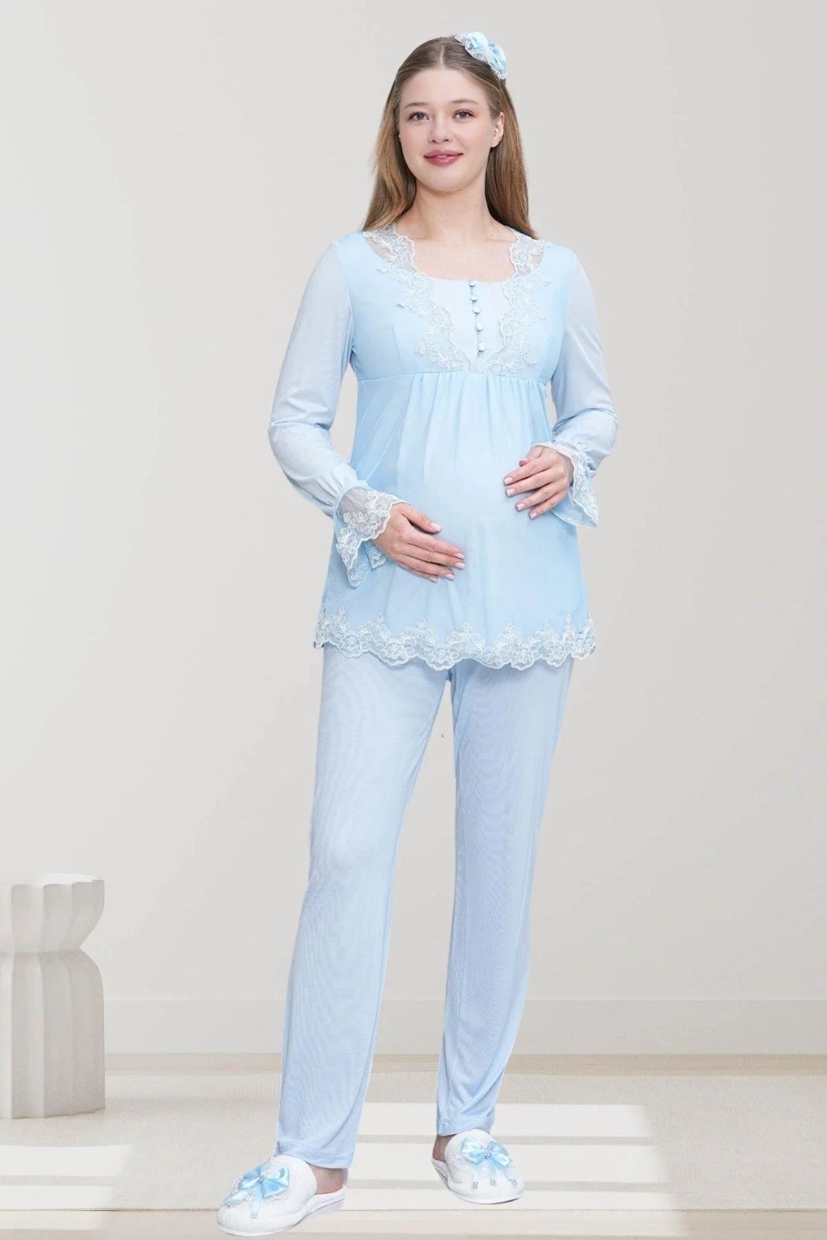 Mecit Pijama Kadın Uzun Kollu Dantel(Güpür)Detaylı Hamile Lohusa Pijama Takımı %75 Pamuk %25 Viskon