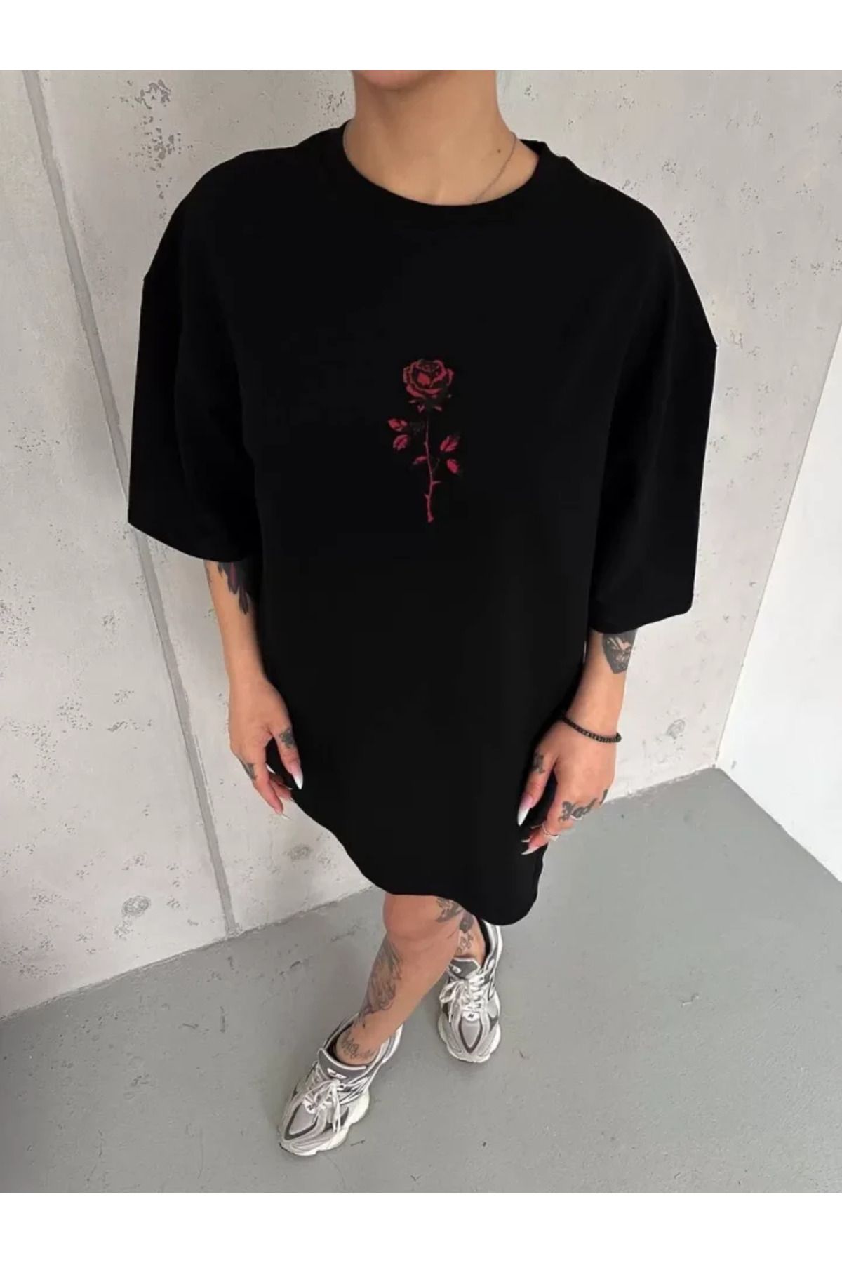 ARUZ MODA Unisex Bisiklet Yaka Baskılı Oversize T-Shirt - Siyah