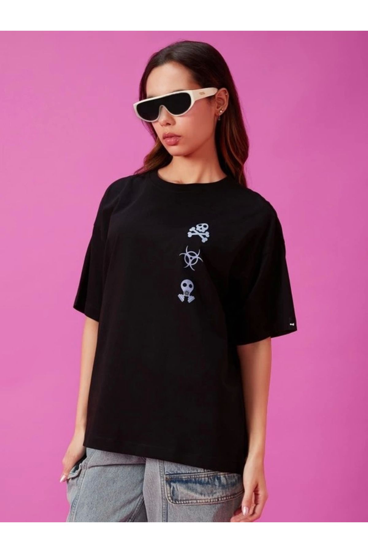 ARUZ MODA Baskılı Oversize T-shirt - Siyah